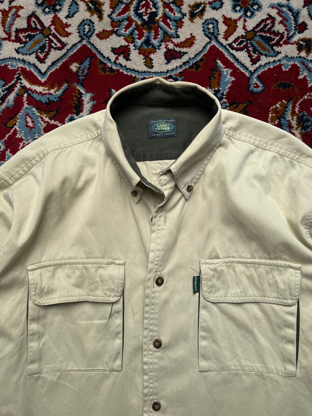 Land Rover Beige Heavy Twill Cropped Boxy Fit Button Down Shirt - L