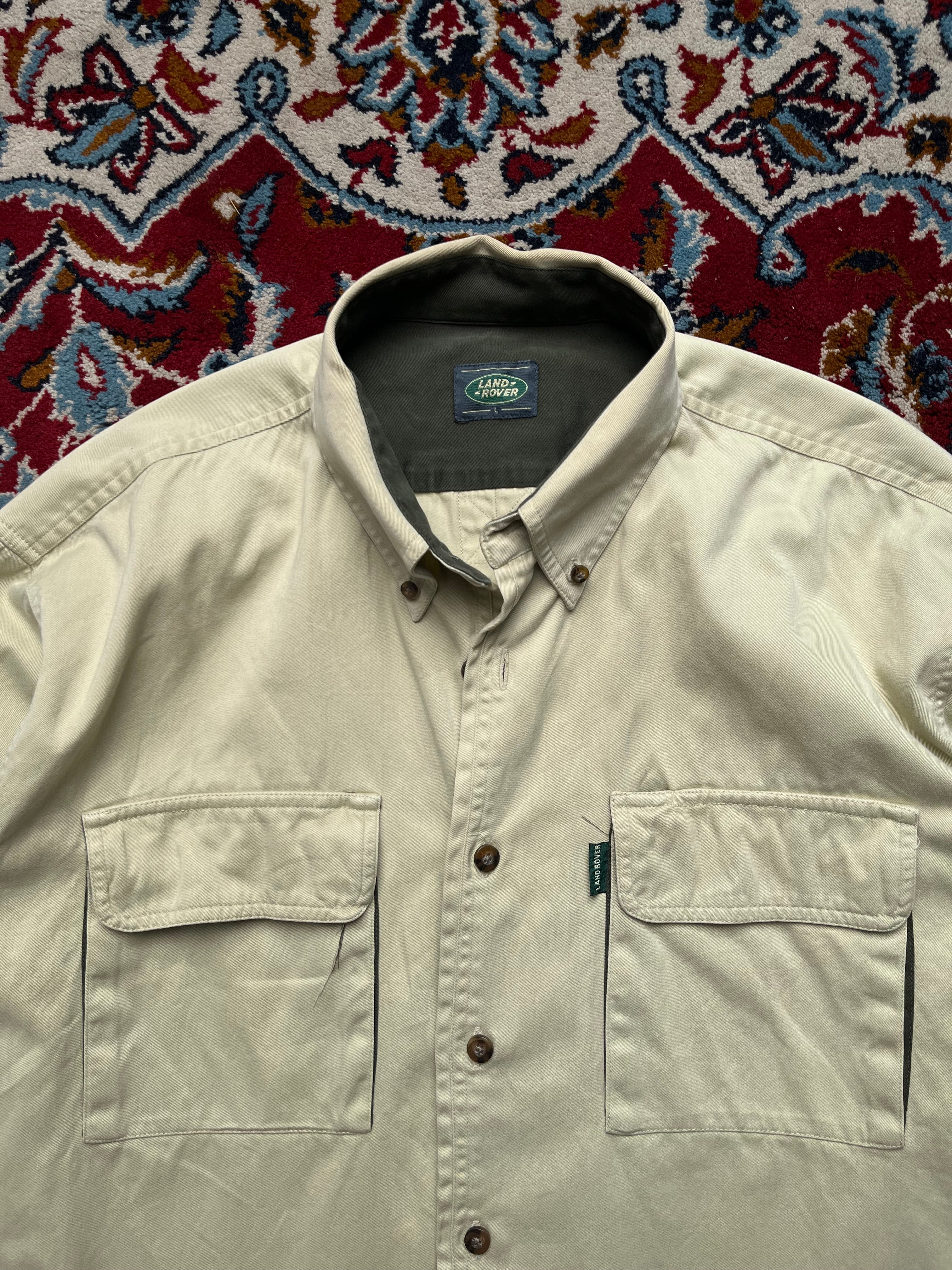 Land Rover Beige Heavy Twill Cropped Boxy Fit Button Down Shirt - L