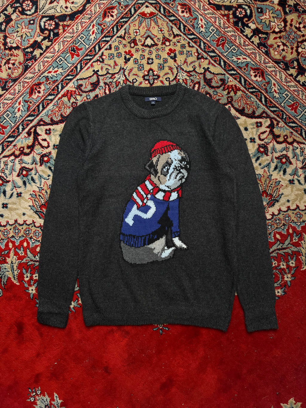 SPAO Charcoal Grey Bulldog Graphic Intarsia Knit Crewneck Sweater - M