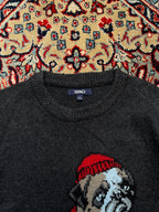 SPAO Charcoal Grey Bulldog Graphic Intarsia Knit Crewneck Sweater - M