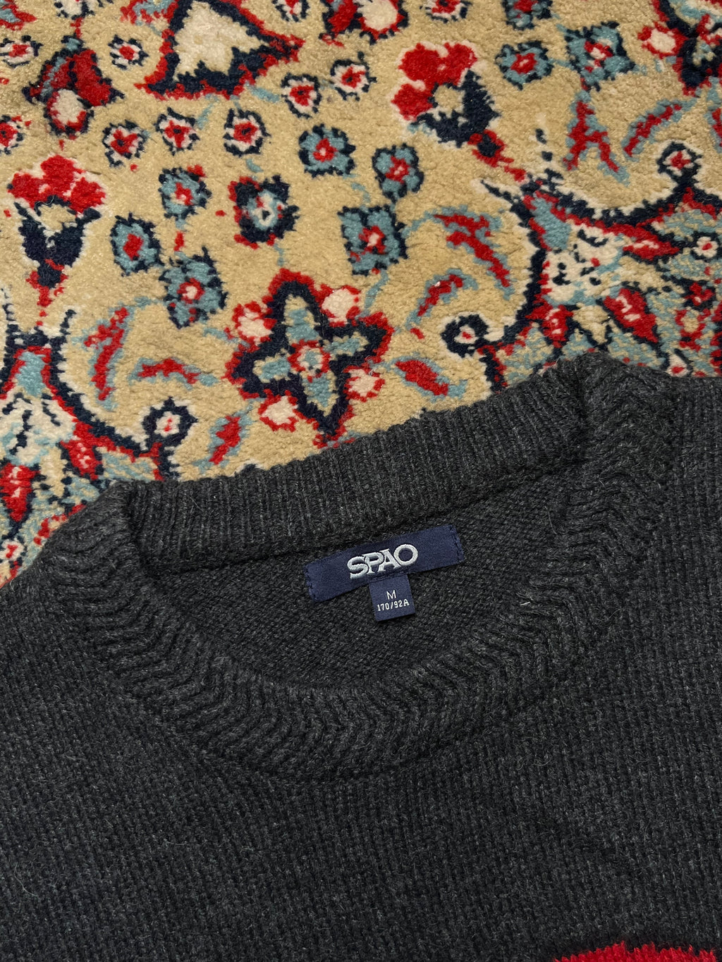 SPAO Charcoal Grey Bulldog Graphic Intarsia Knit Crewneck Sweater - M