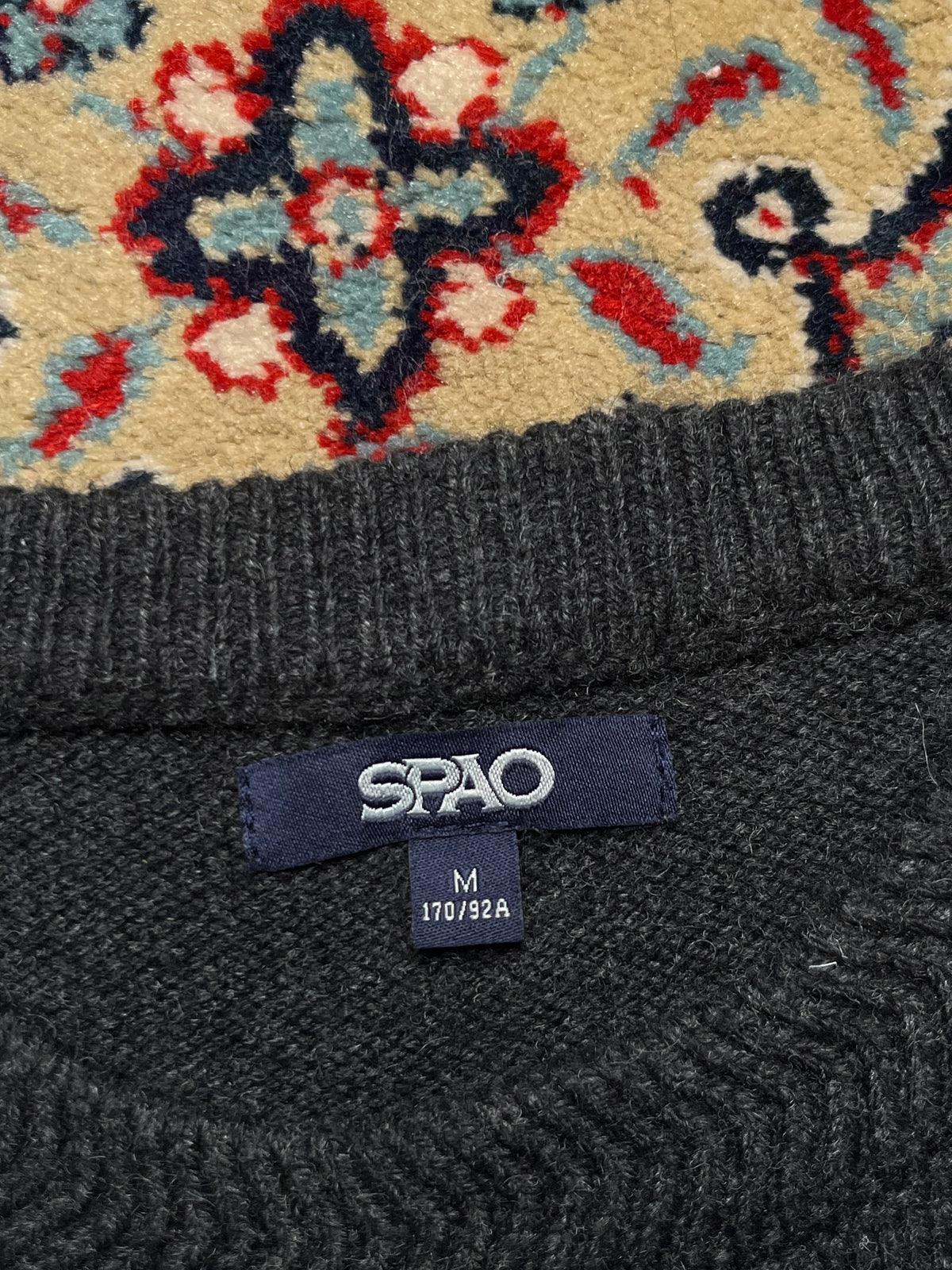 SPAO Charcoal Grey Bulldog Graphic Intarsia Knit Crewneck Sweater - M