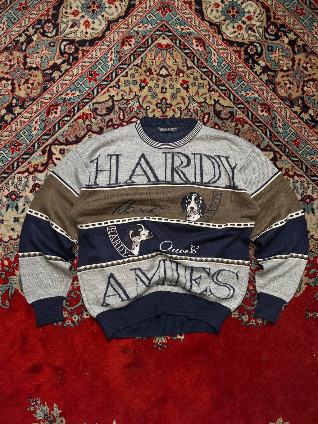 Vintage Hardy Amies Sport London Hound Intarsia Knit Crewneck Sweater - M