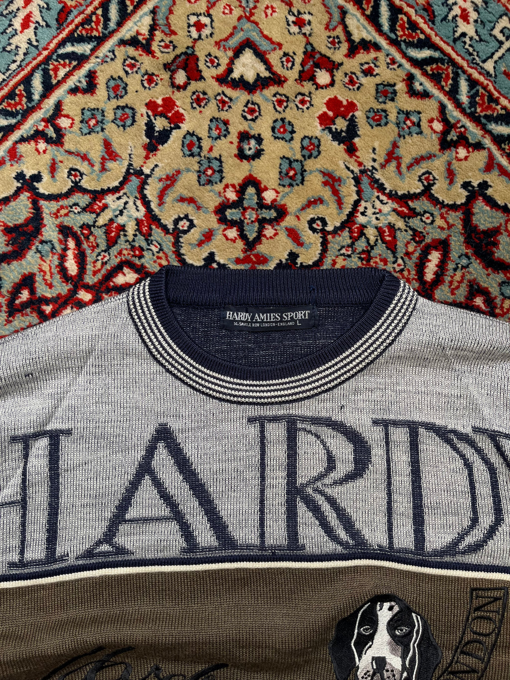 Vintage Hardy Amies Sport London Hound Intarsia Knit Crewneck Sweater - M