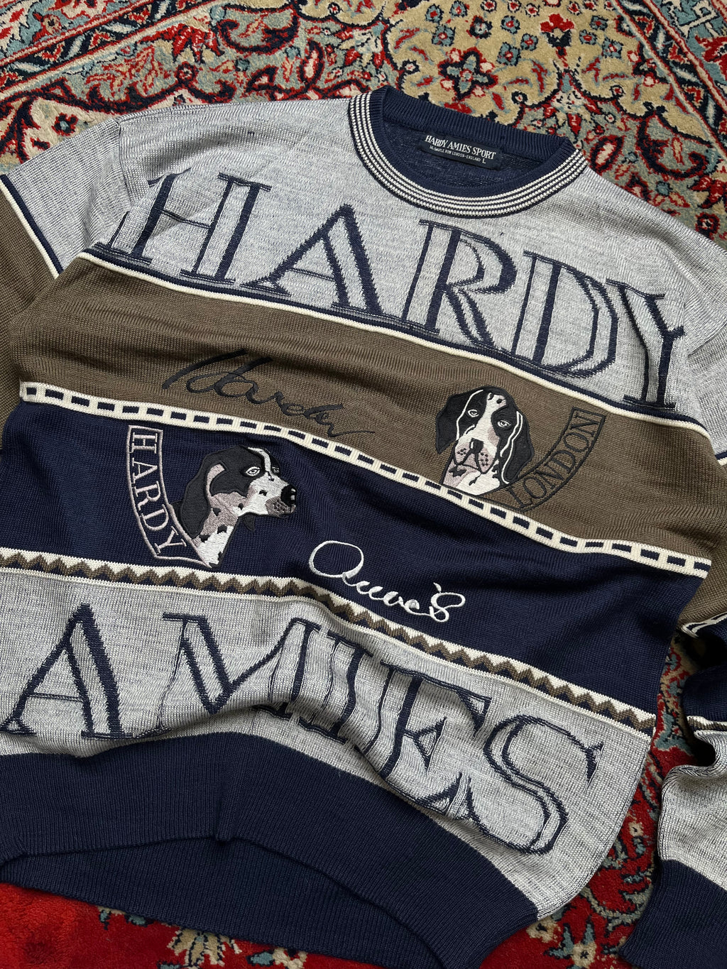 Vintage Hardy Amies Sport London Hound Intarsia Knit Crewneck Sweater - M