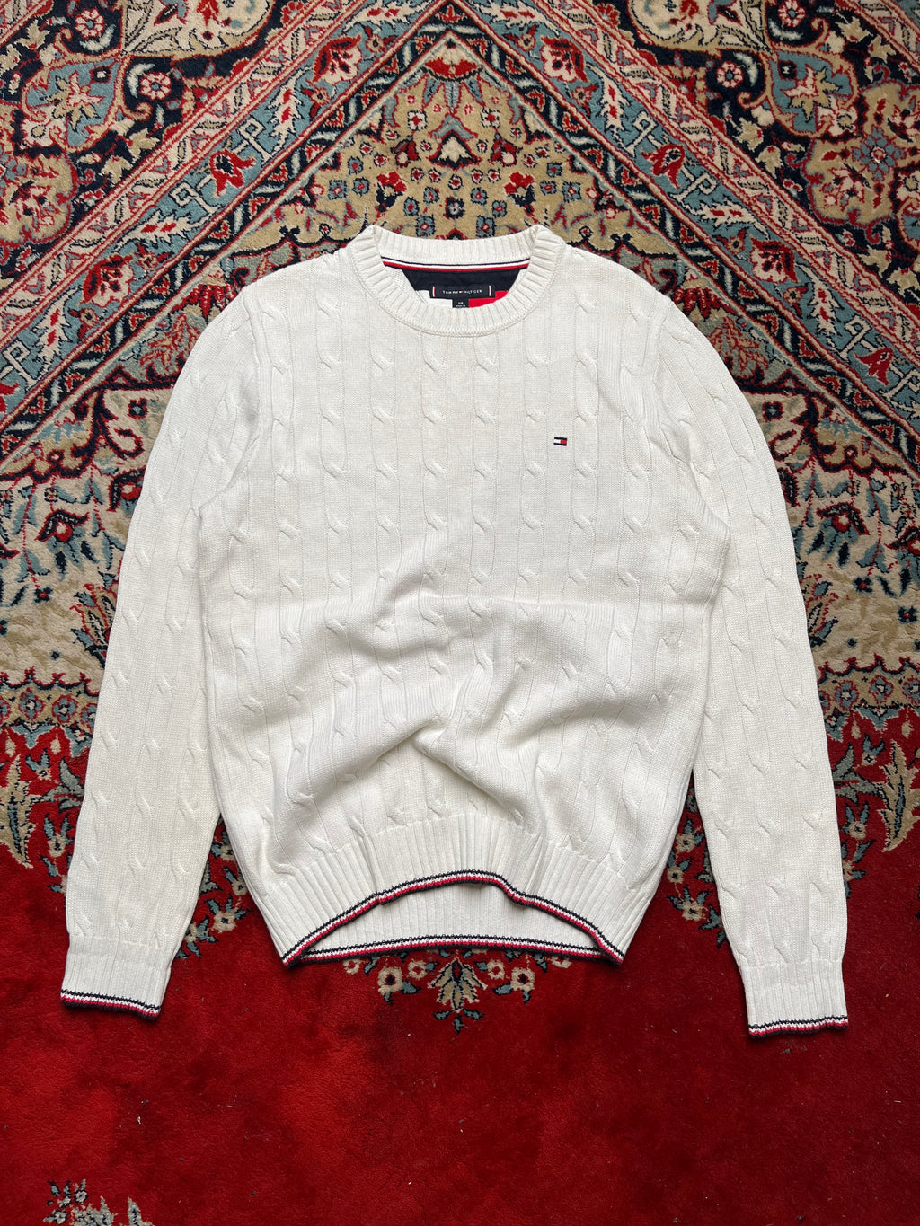 Tommy Hilfiger White Cable Knit Flag Embroidered Tipped Crewneck Sweater -  M