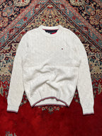 Tommy Hilfiger White Cable Knit Flag Embroidered Tipped Crewneck Sweater -  M