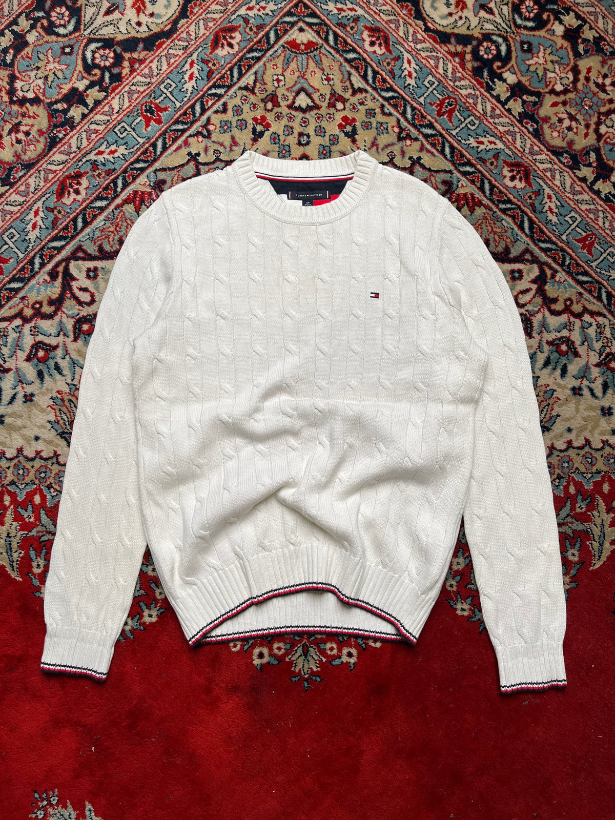 Tommy Hilfiger White Cable Knit Flag Embroidered Tipped Crewneck Sweater -  M