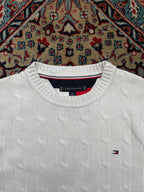 Tommy Hilfiger White Cable Knit Flag Embroidered Tipped Crewneck Sweater -  M