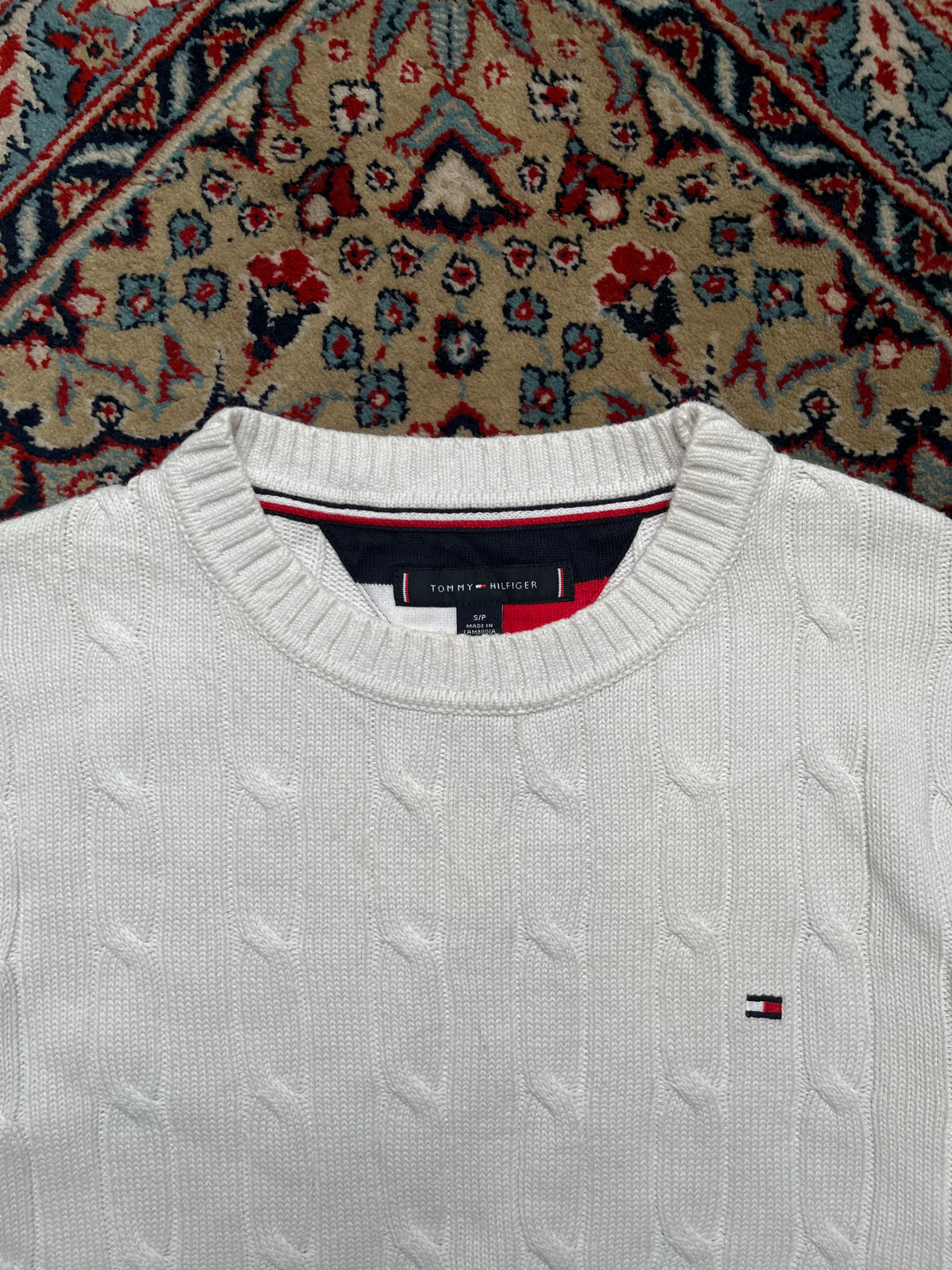 Tommy Hilfiger White Cable Knit Flag Embroidered Tipped Crewneck Sweater -  M