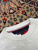 Tommy Hilfiger White Cable Knit Flag Embroidered Tipped Crewneck Sweater -  M