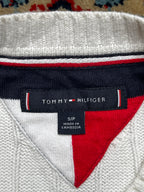 Tommy Hilfiger White Cable Knit Flag Embroidered Tipped Crewneck Sweater -  M