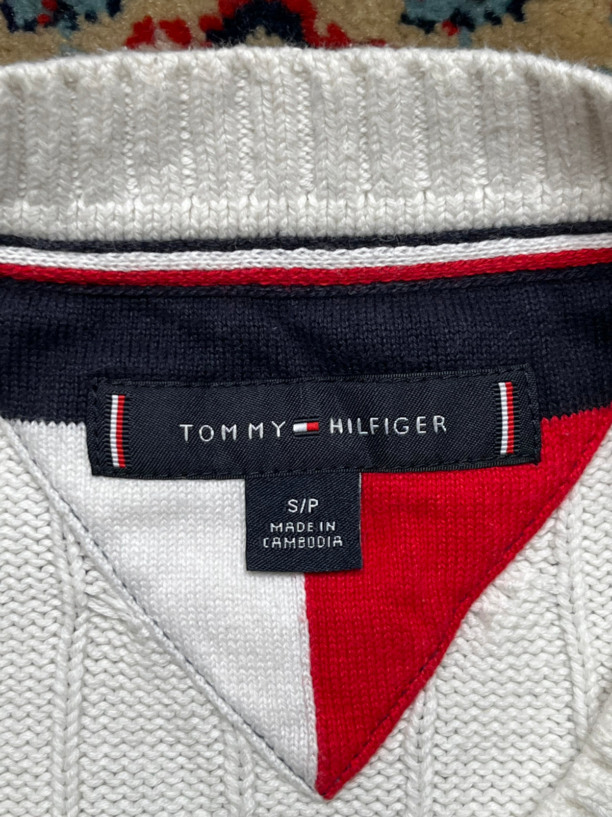 Tommy Hilfiger White Cable Knit Flag Embroidered Tipped Crewneck Sweater -  M