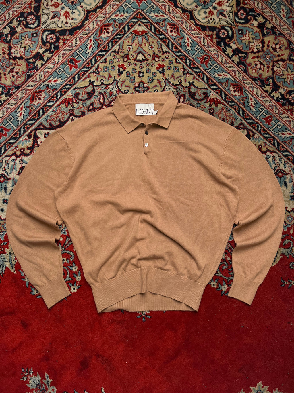 LOHNT Camel Tan Fine Knit Collared Button Polo Sweater - L