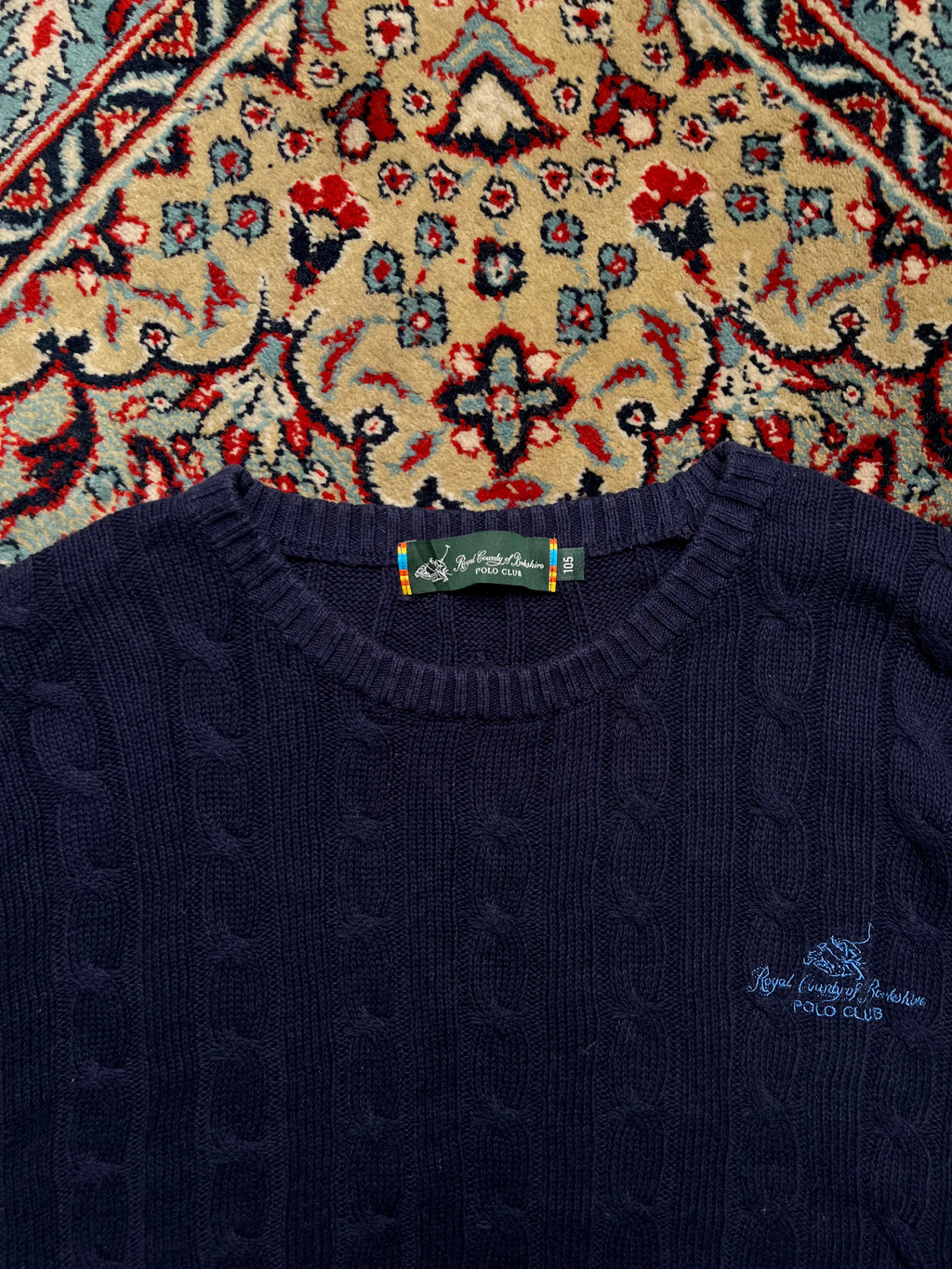 Royal County of Berkshire Polo Club Navy Cable Knit Crewneck Sweater - L
