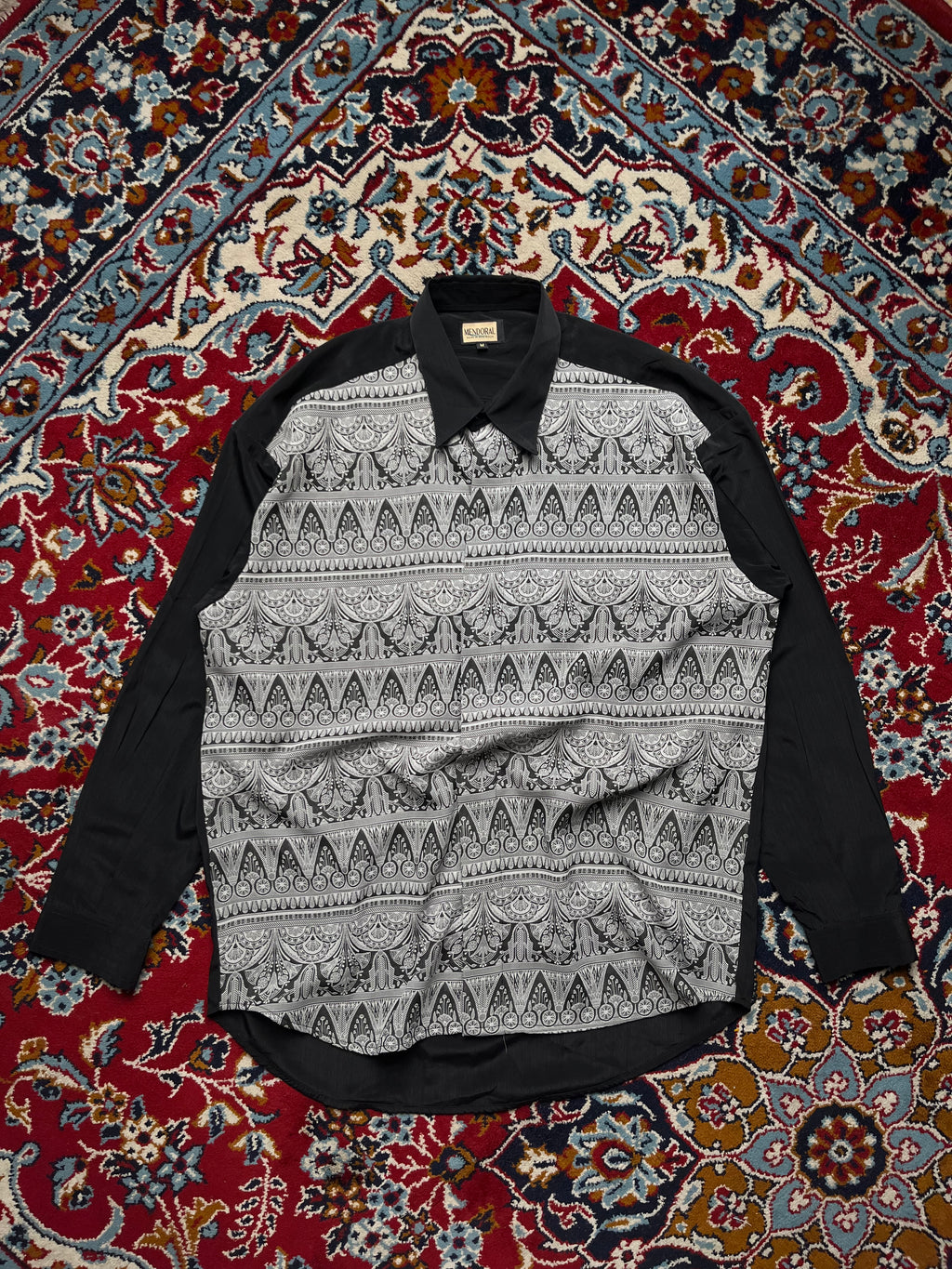 Vintage Mendoral Abstract Ornate Print Panel Relaxed Fit Button Down Shirt - L