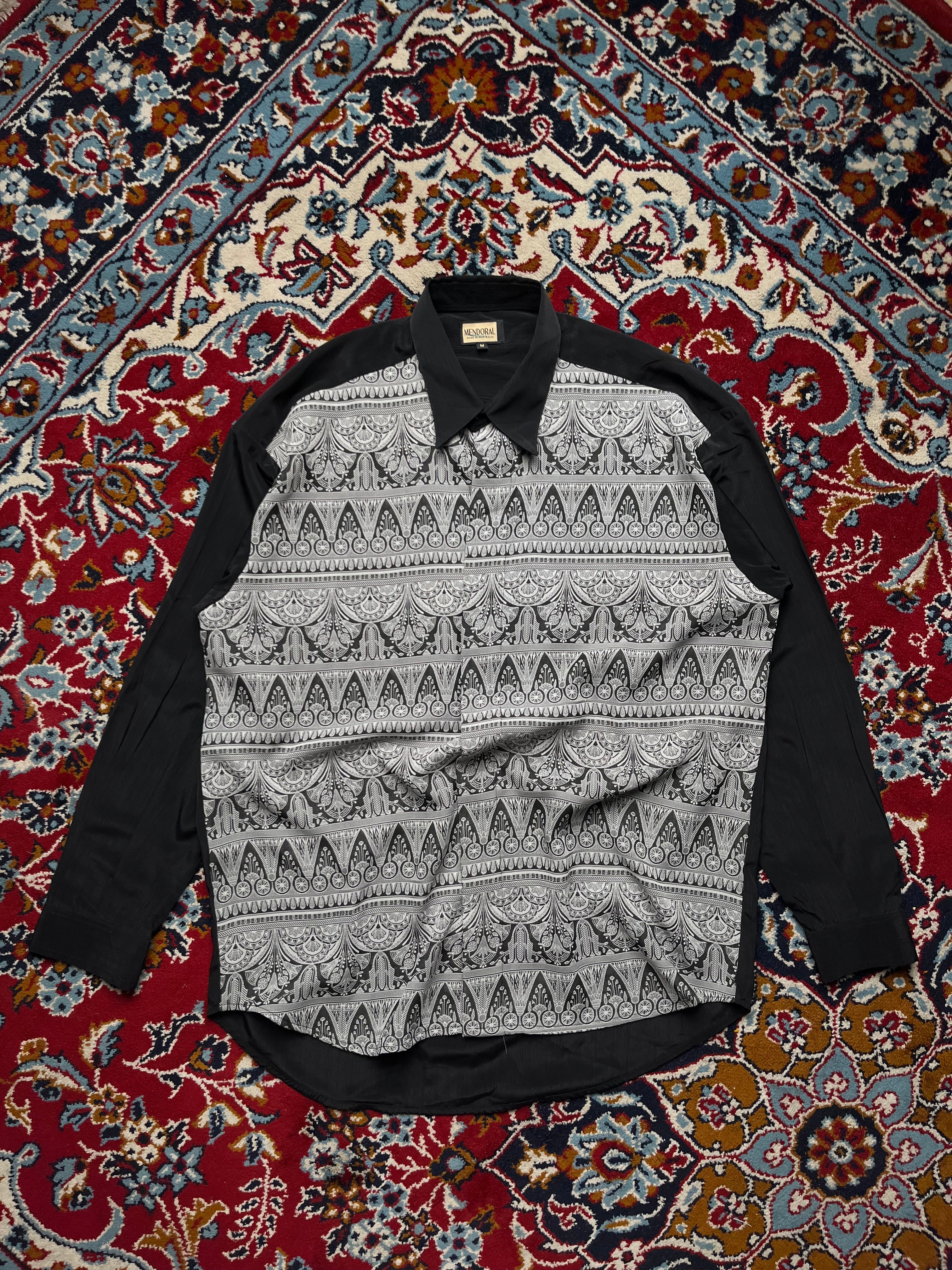 Vintage Mendoral Abstract Ornate Print Panel Relaxed Fit Button Down Shirt - L