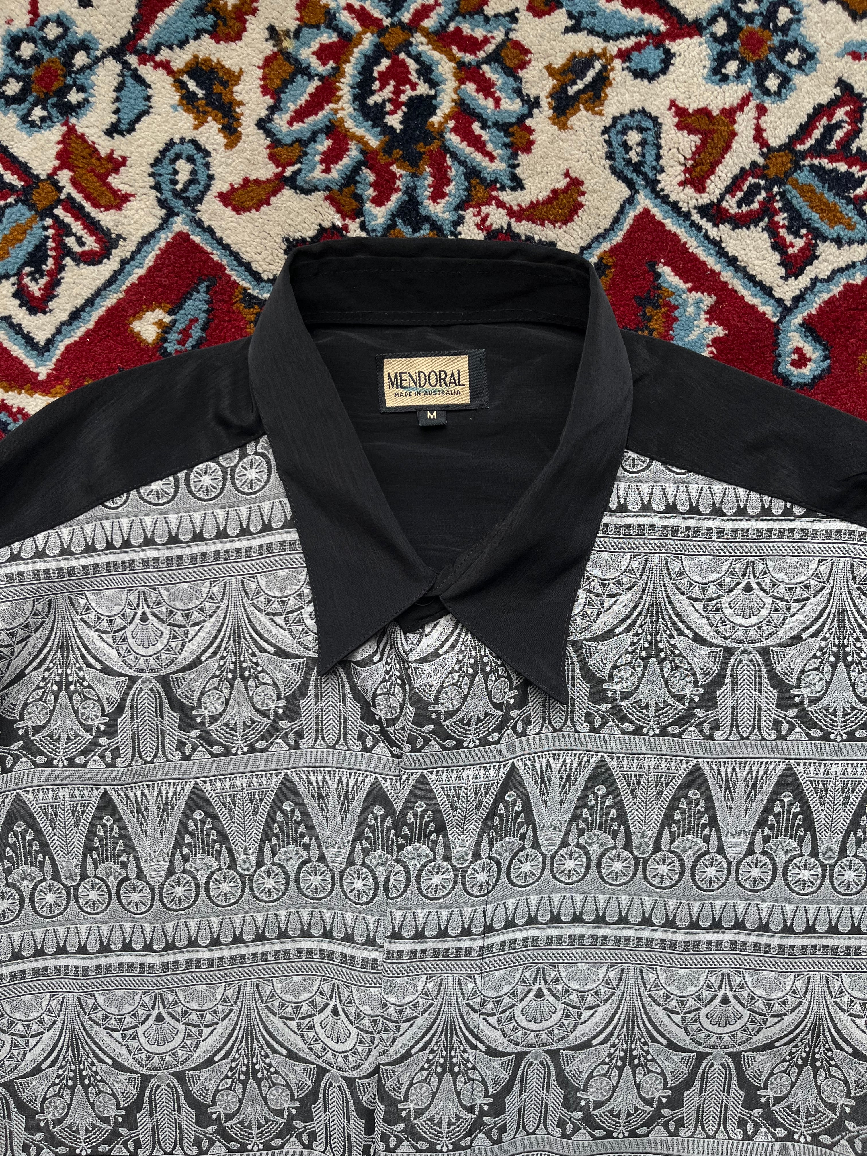 Vintage Mendoral Abstract Ornate Print Panel Relaxed Fit Button Down Shirt - L