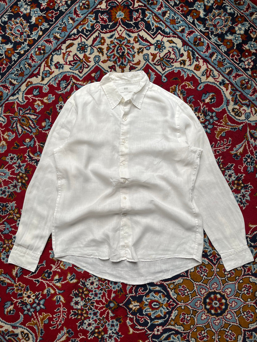 UNIQLO White Pure Linen Plain Front Button Down Shirt - L