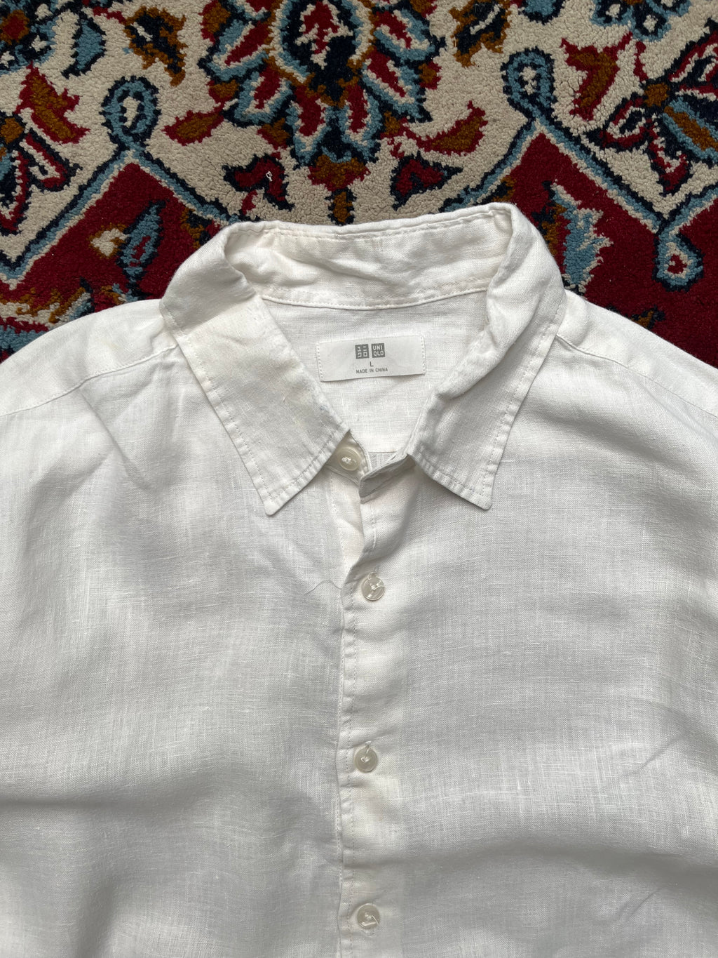 UNIQLO White Pure Linen Plain Front Button Down Shirt - L
