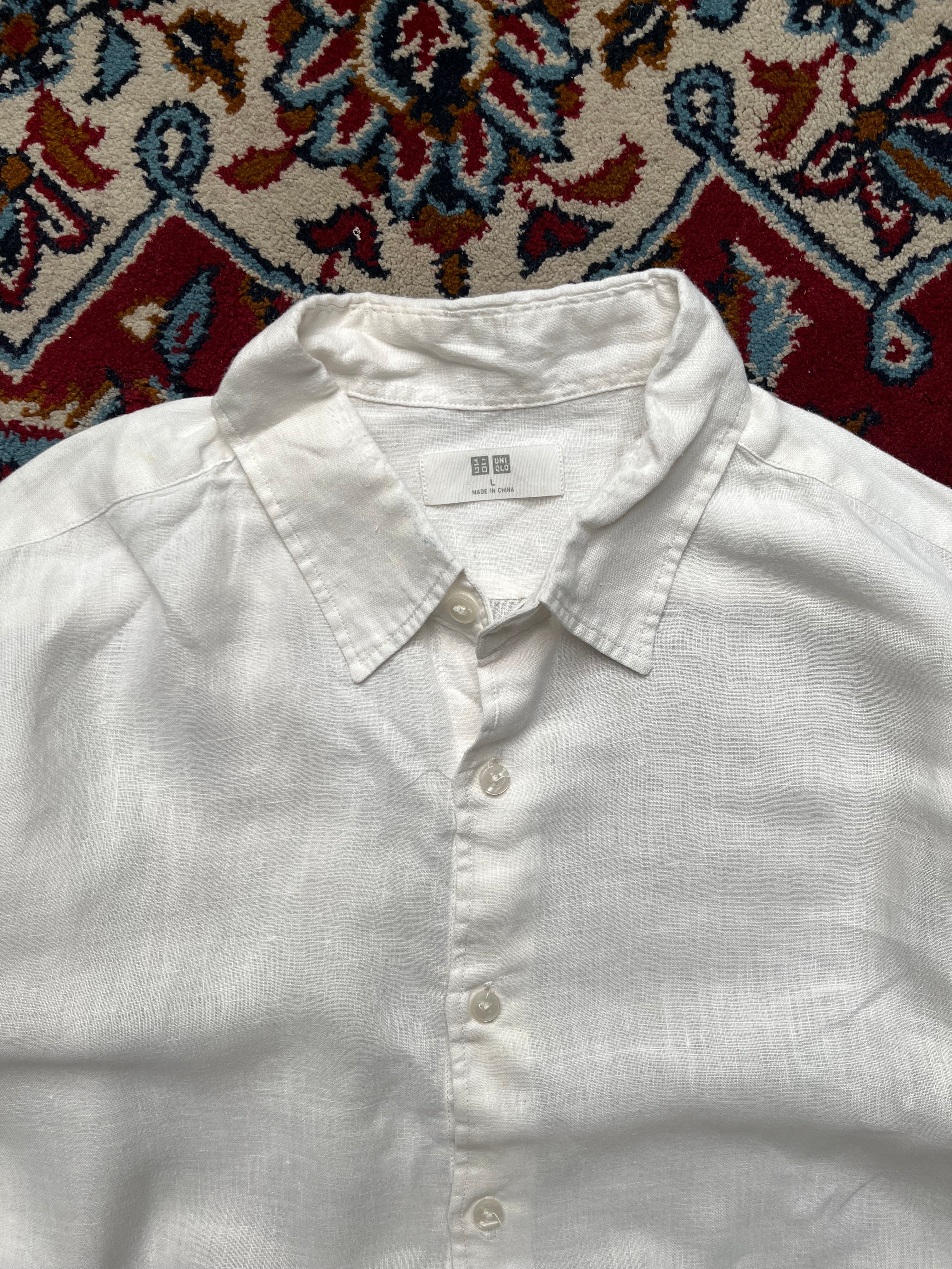 UNIQLO White Pure Linen Plain Front Button Down Shirt - L