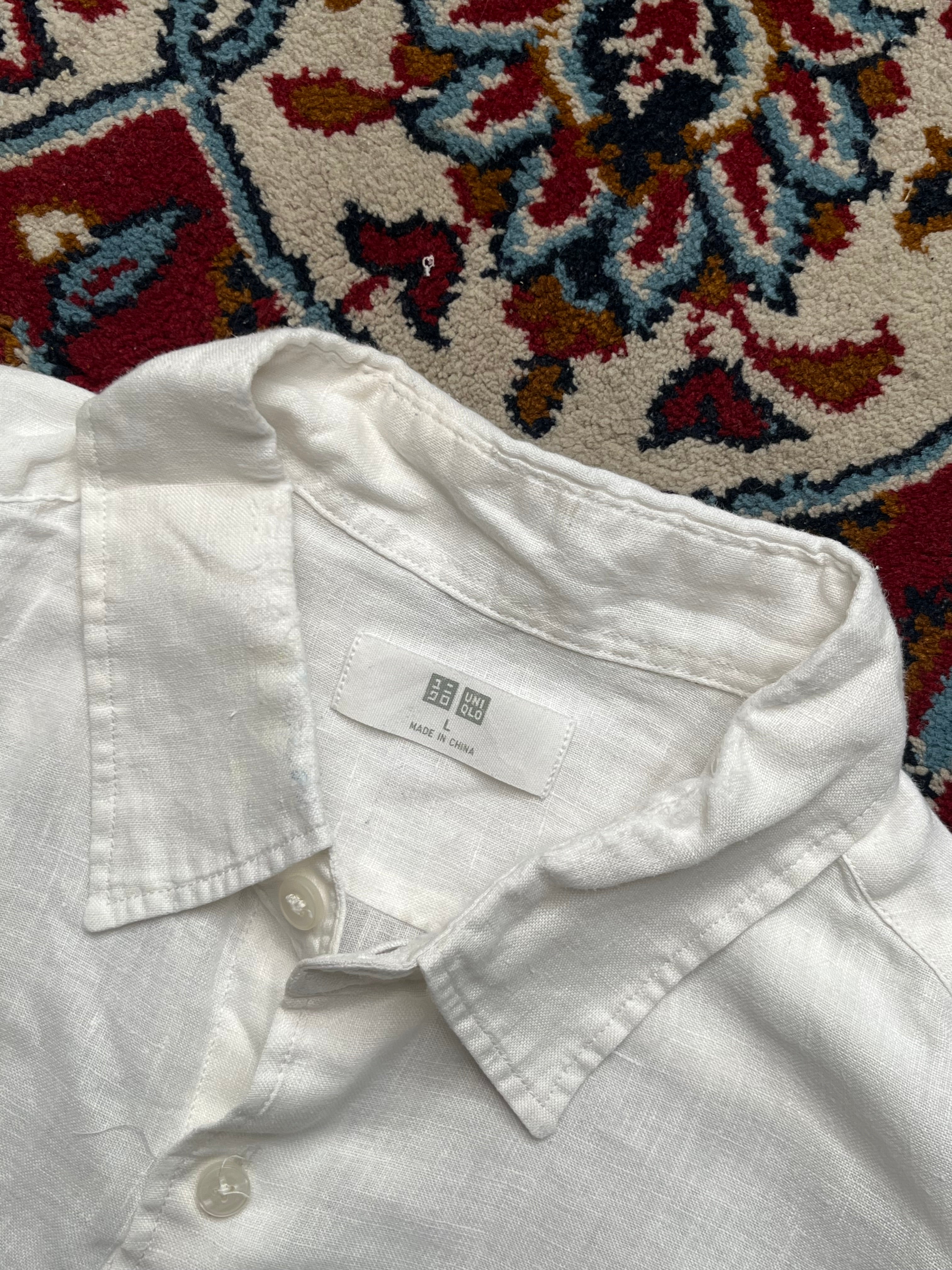 UNIQLO White Pure Linen Plain Front Button Down Shirt - L