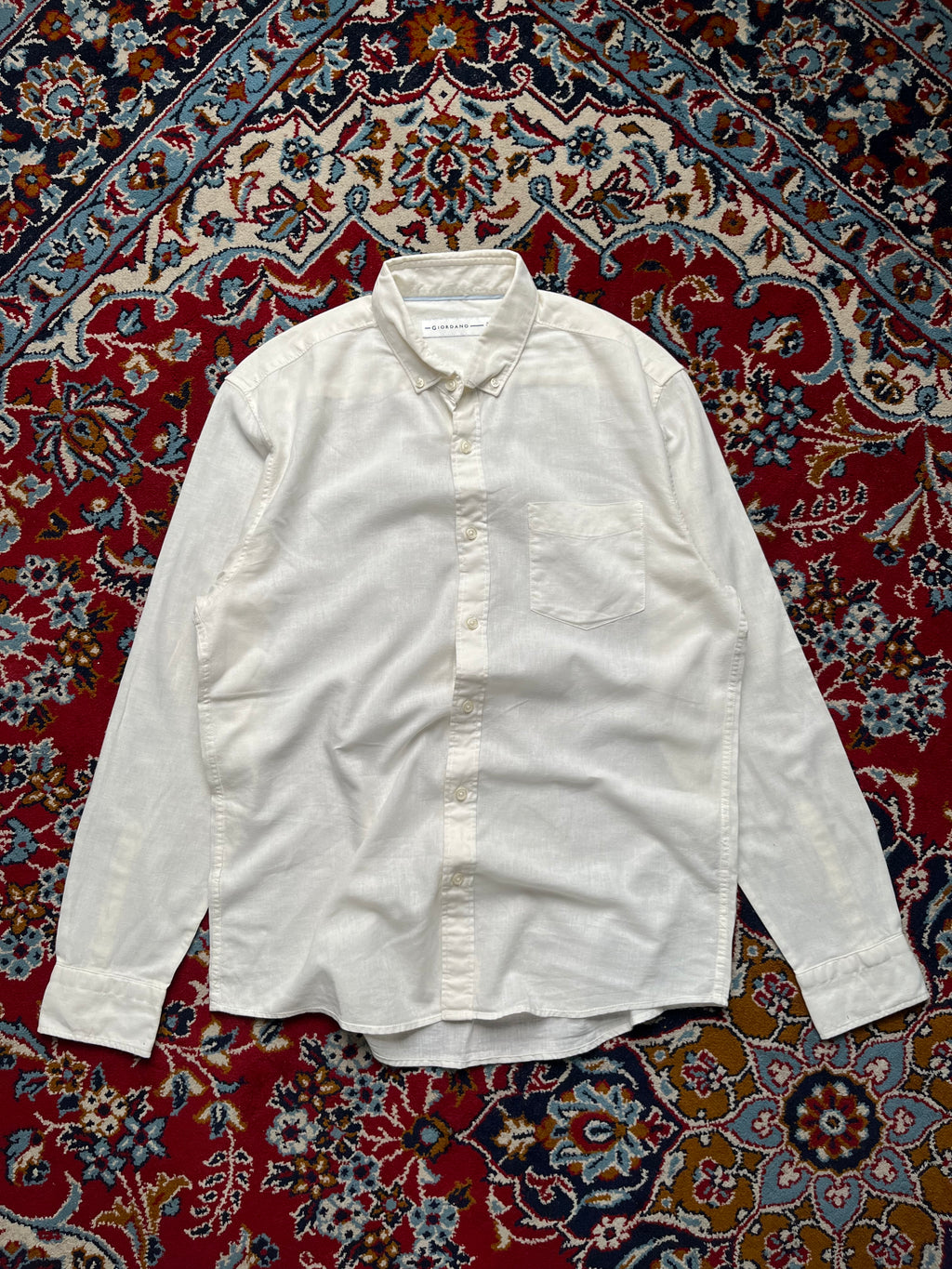 GIORDANO Off White Linen Cotton Blend Casual BUTTON DOWN SHIRT - L