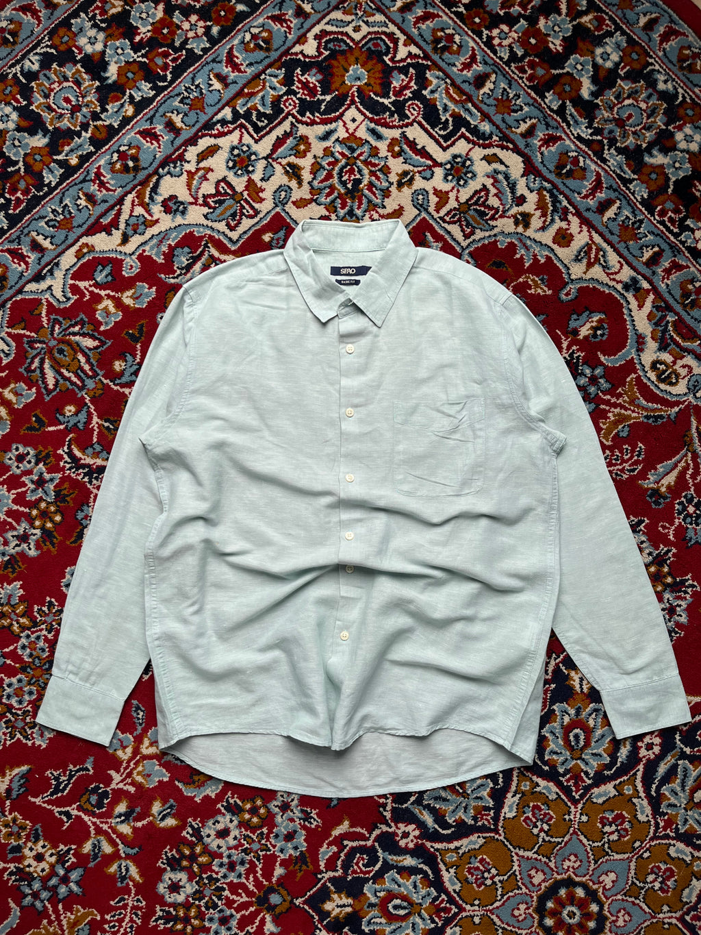 SPAO Light Green Solid Linen Button Down Shirt - L