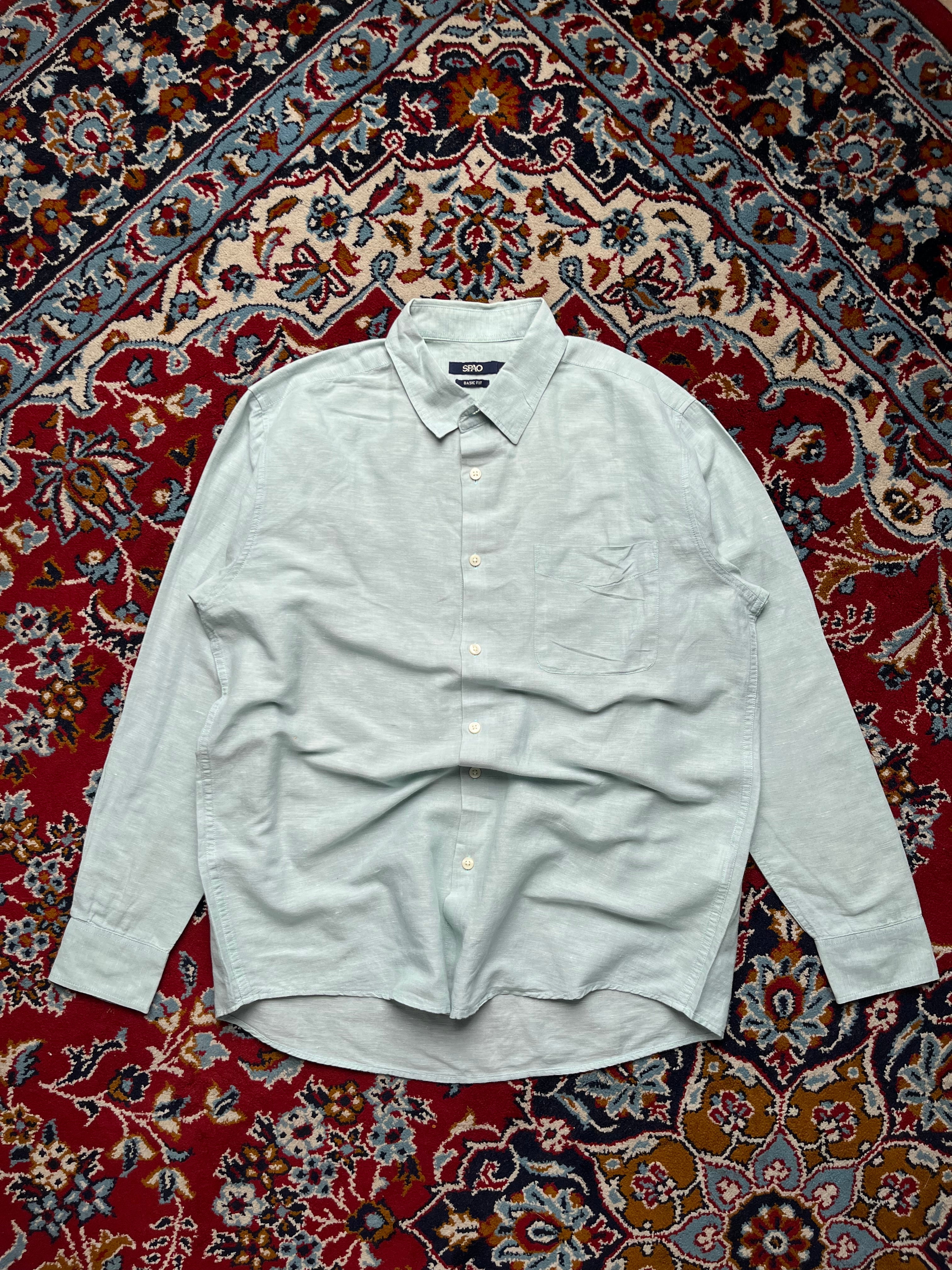 SPAO Light Green Solid Linen Button Down Shirt - L