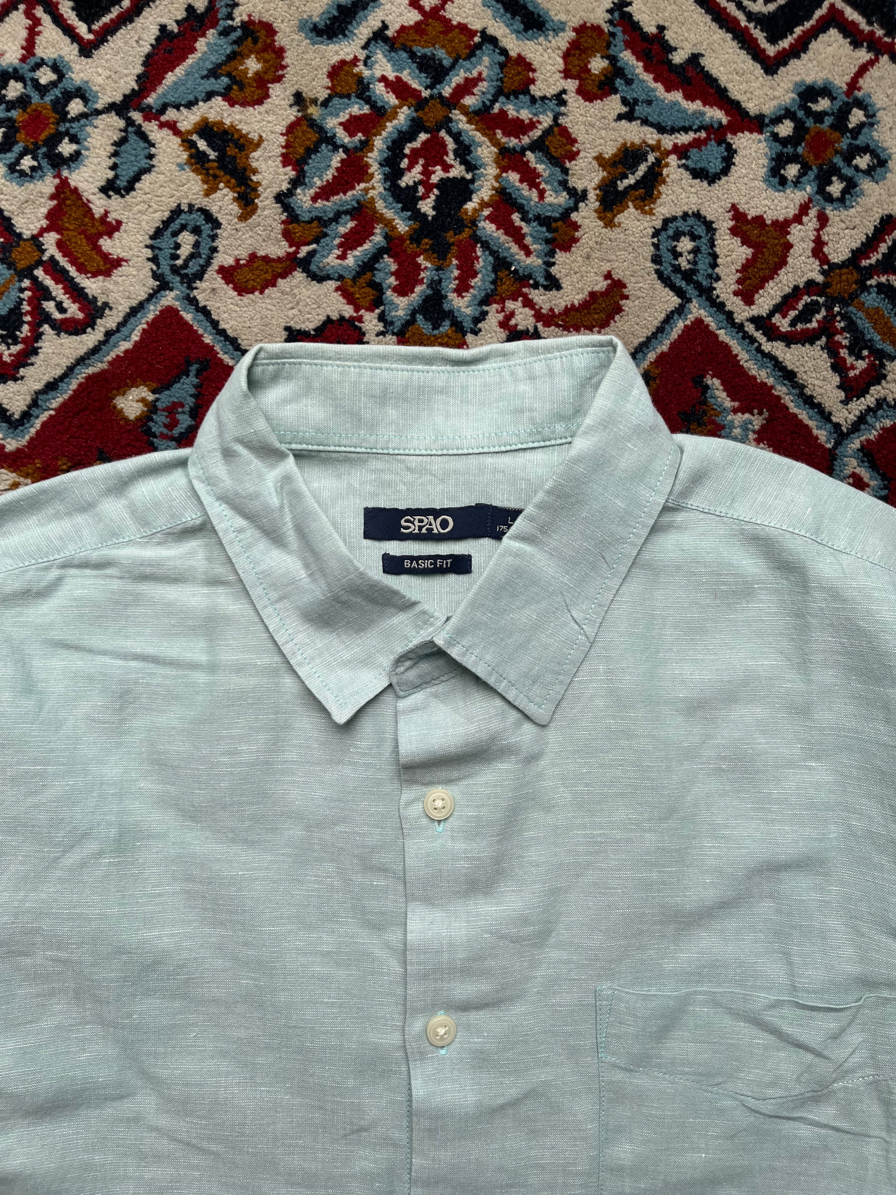 SPAO Light Green Solid Linen Button Down Shirt - L
