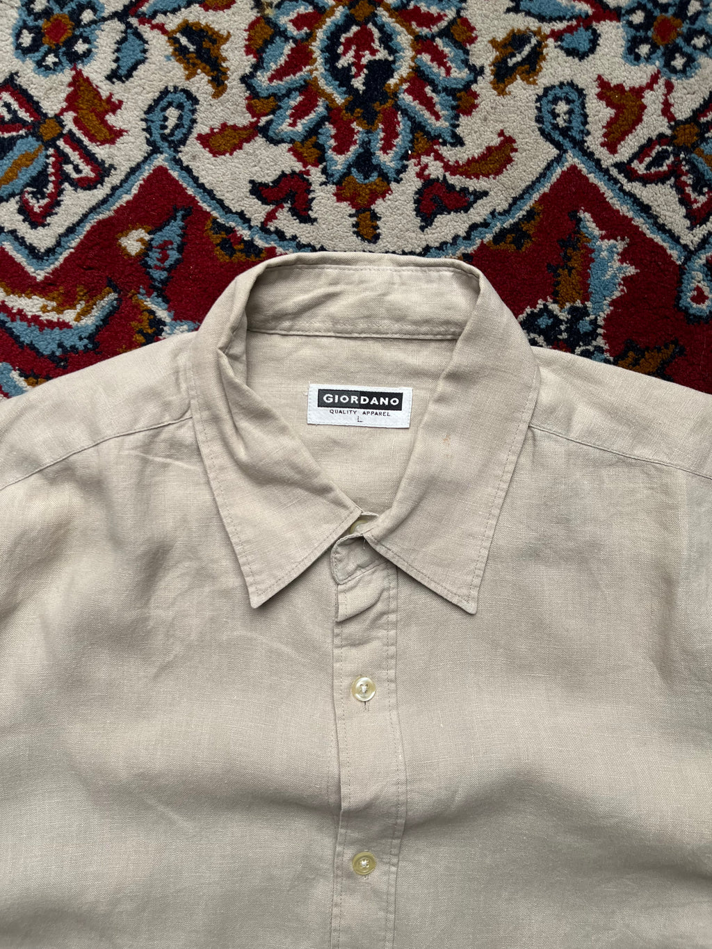 Giordano Beige Solid Linen Button Down Shirt - L
