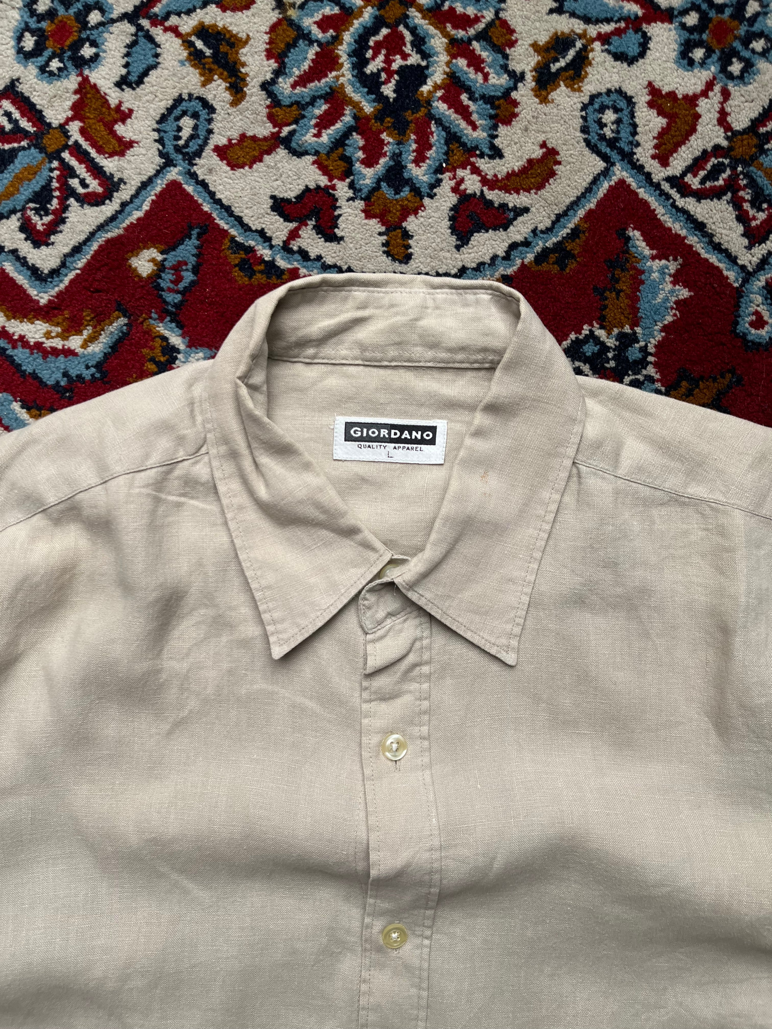 Giordano Beige Solid Linen Button Down Shirt - L