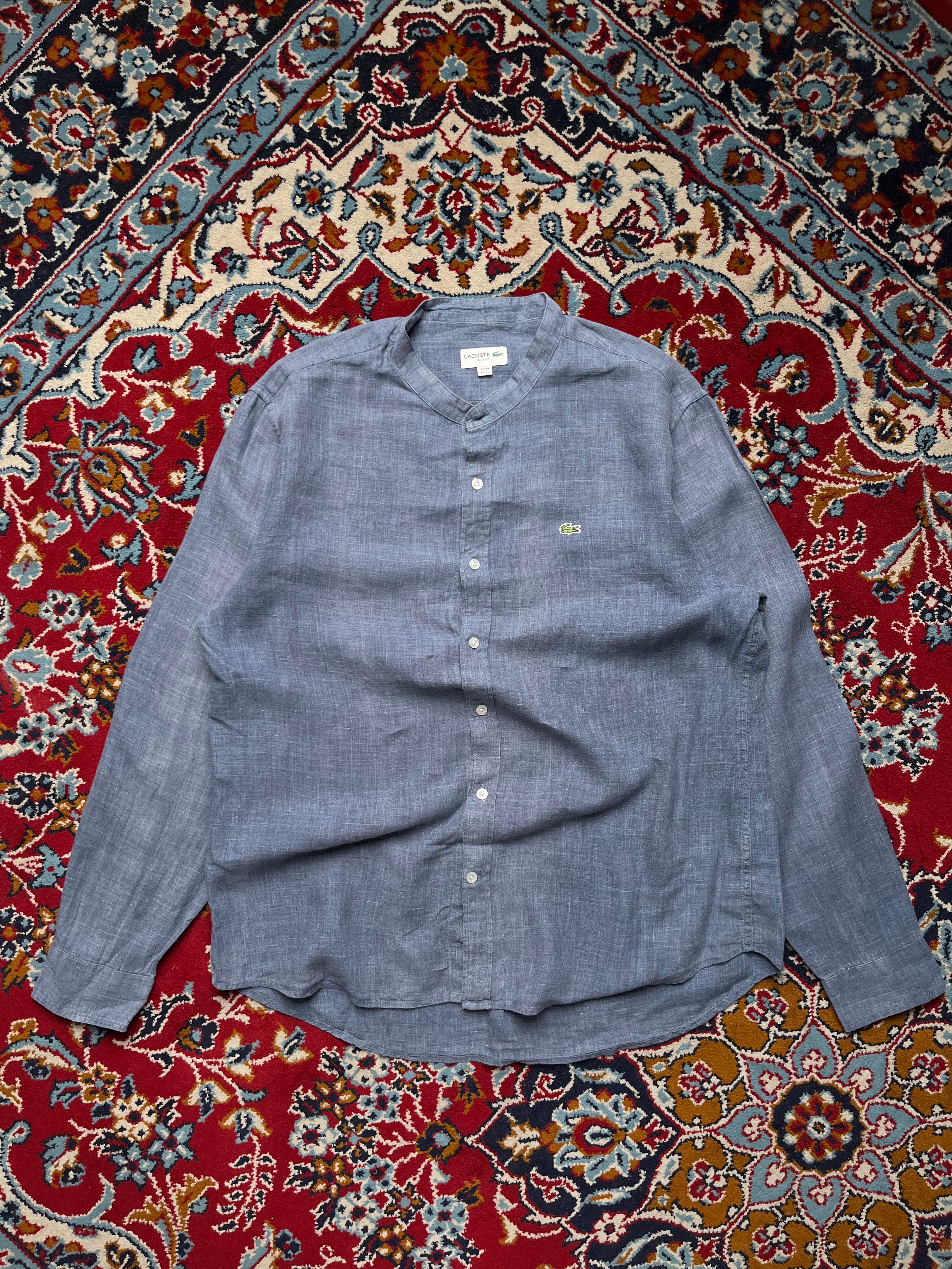 Lacoste Slim Fit Blue Band Collar Linen Button Down Shirt - XL