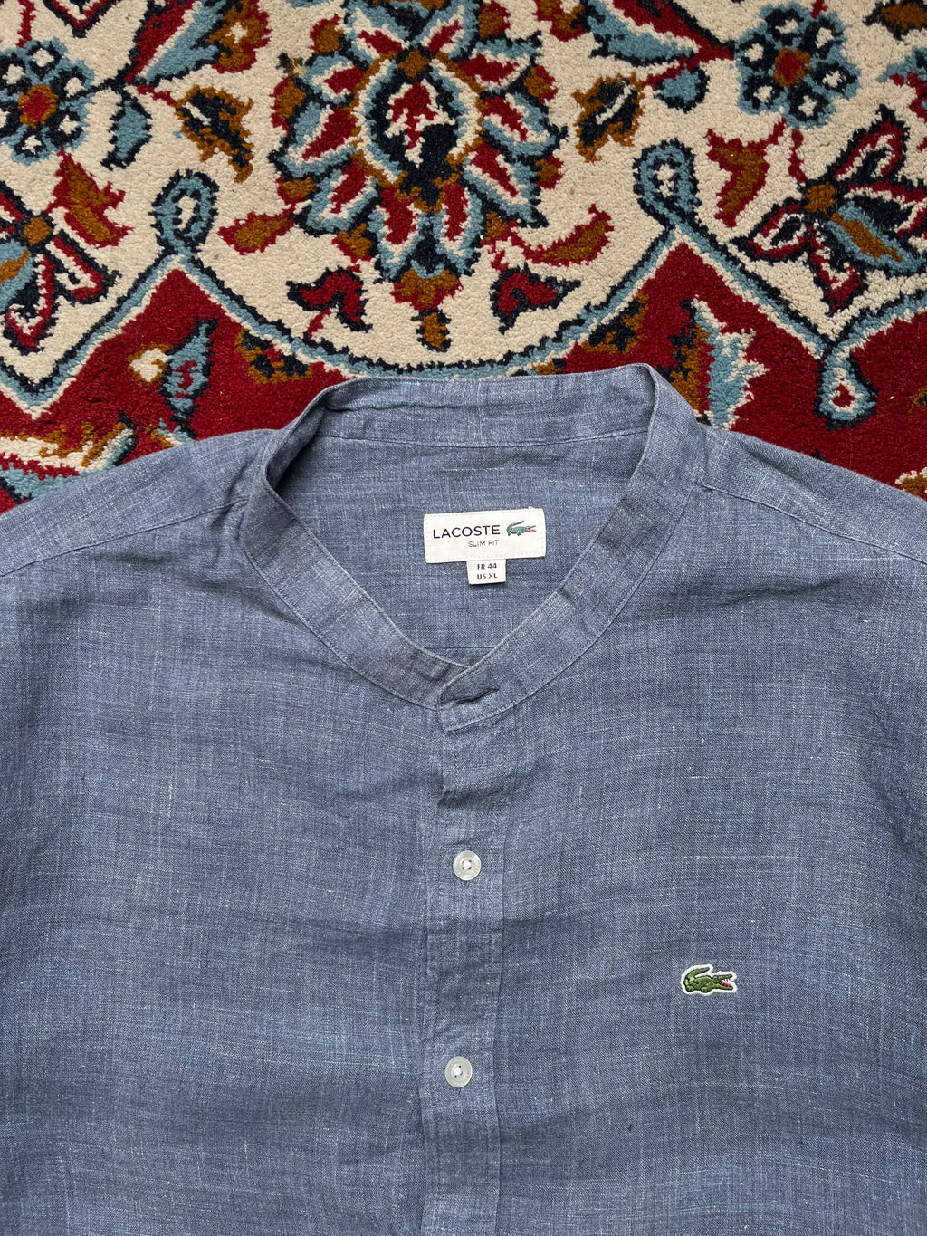 Lacoste Slim Fit Blue Band Collar Linen Button Down Shirt - XL