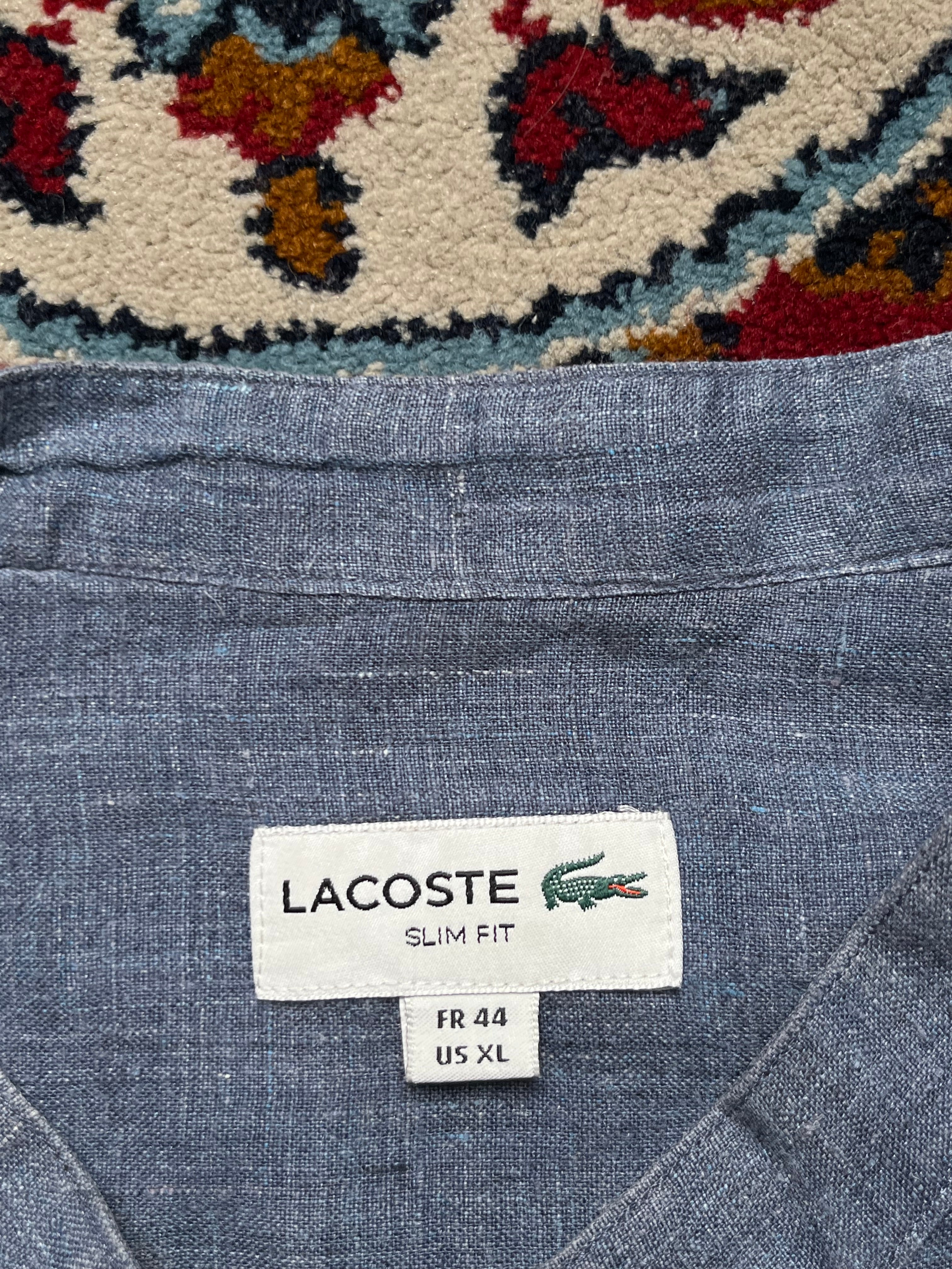 Lacoste Slim Fit Blue Band Collar Linen Button Down Shirt - XL