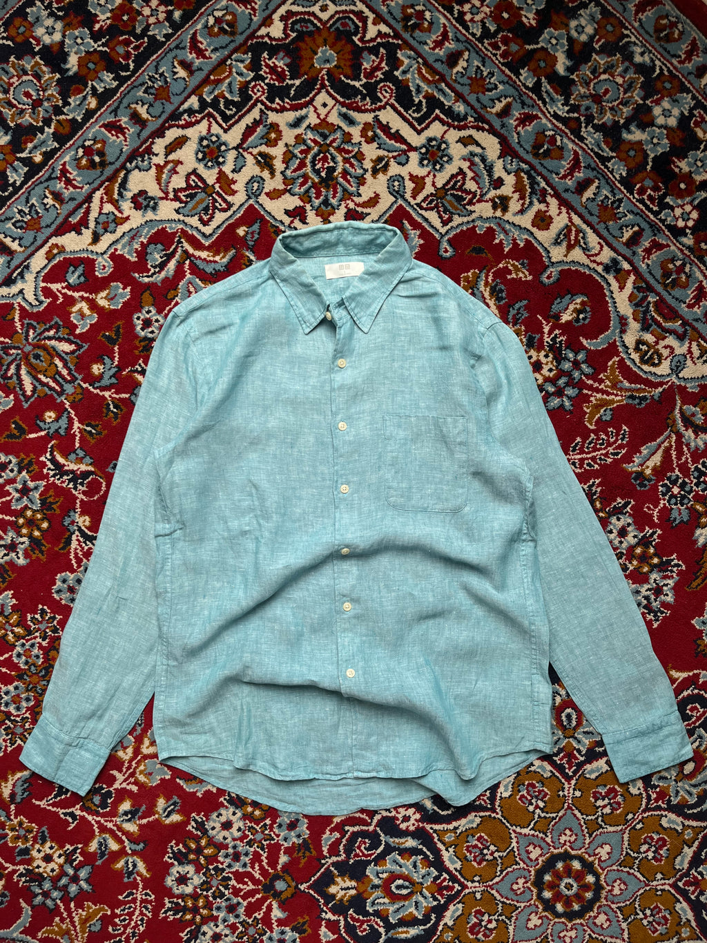 Uniqlo Premium Linen Teal Blue Button Down Shirt - M