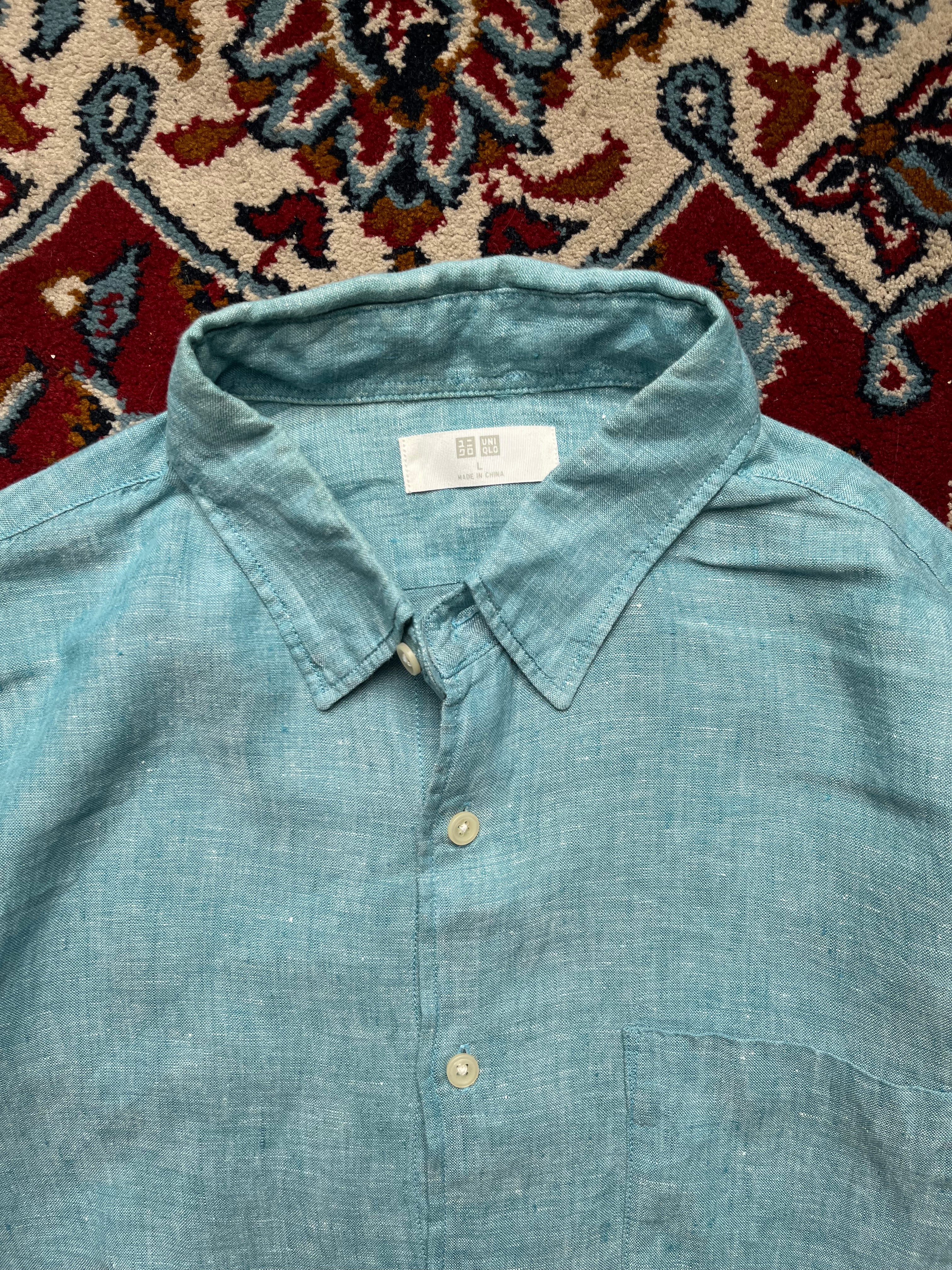 Uniqlo Premium Linen Teal Blue Button Down Shirt - M