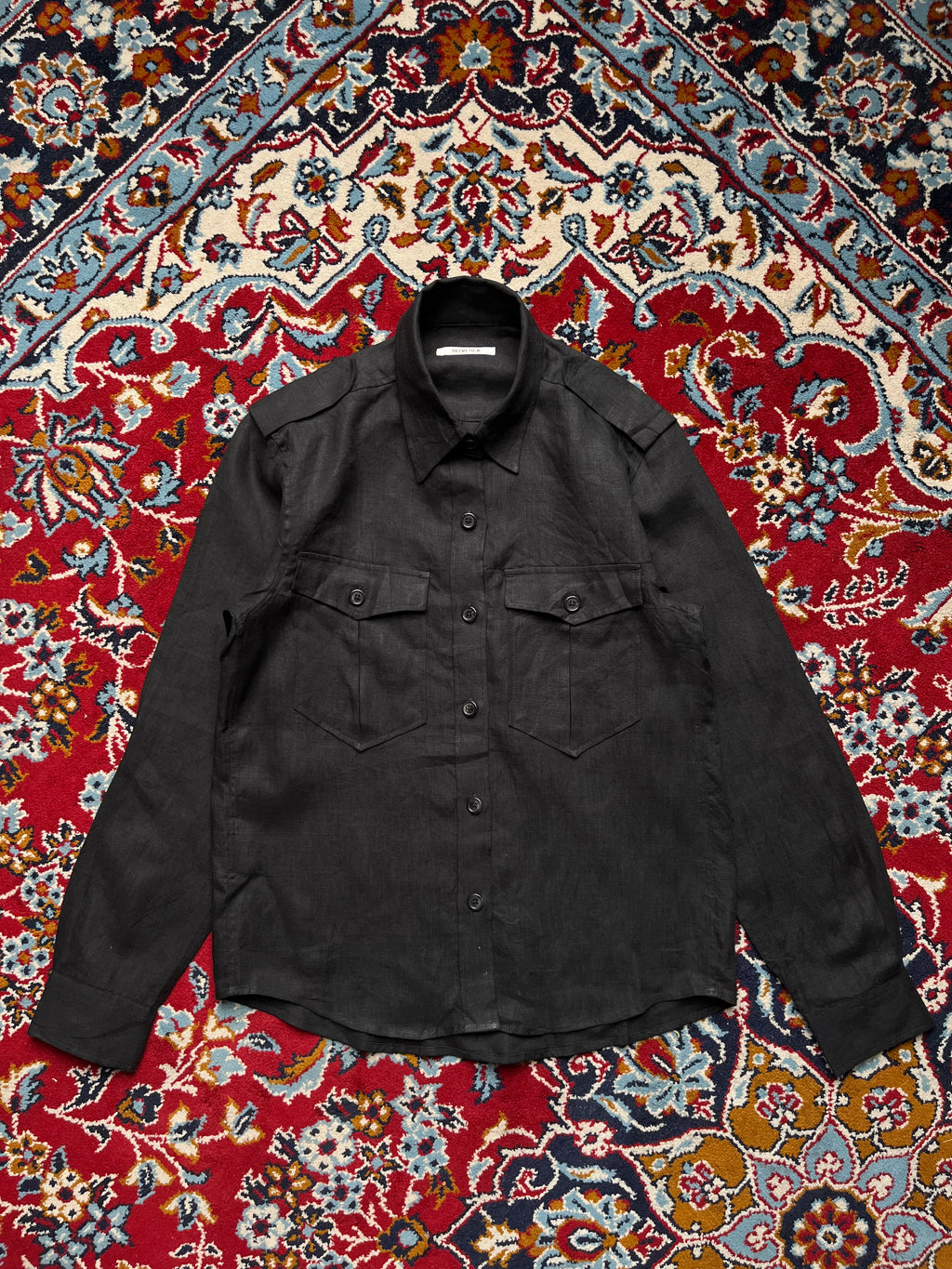 HELVETICA Black Pure Linen Double Pocket Military Epaulet Button Down Shirt - S