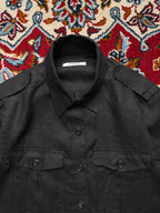 HELVETICA Black Pure Linen Double Pocket Military Epaulet Button Down Shirt - S
