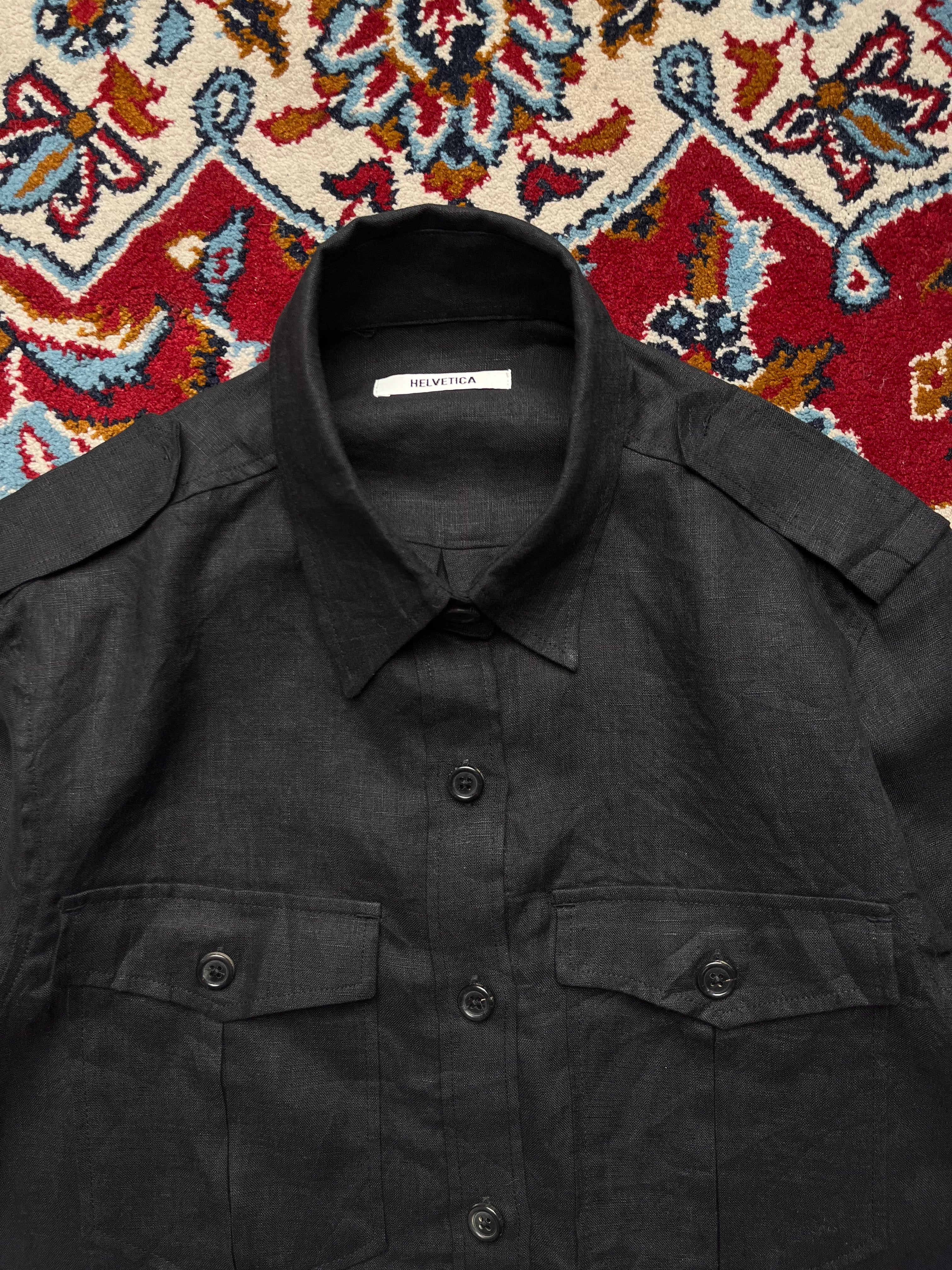 HELVETICA Black Pure Linen Double Pocket Military Epaulet Button Down Shirt - S