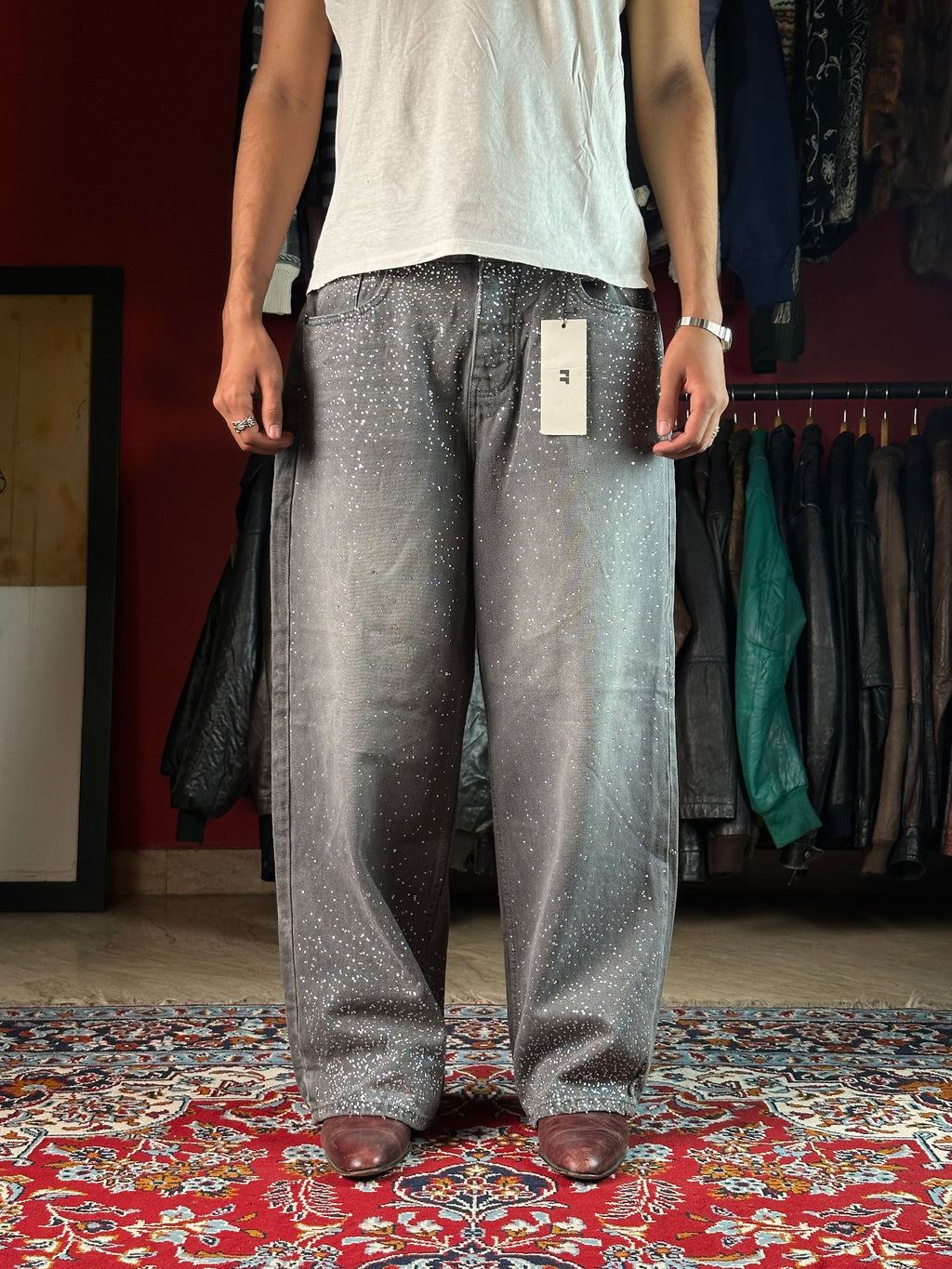 BOOHOOMAN Rhinestone Relaxed Fit Jeans