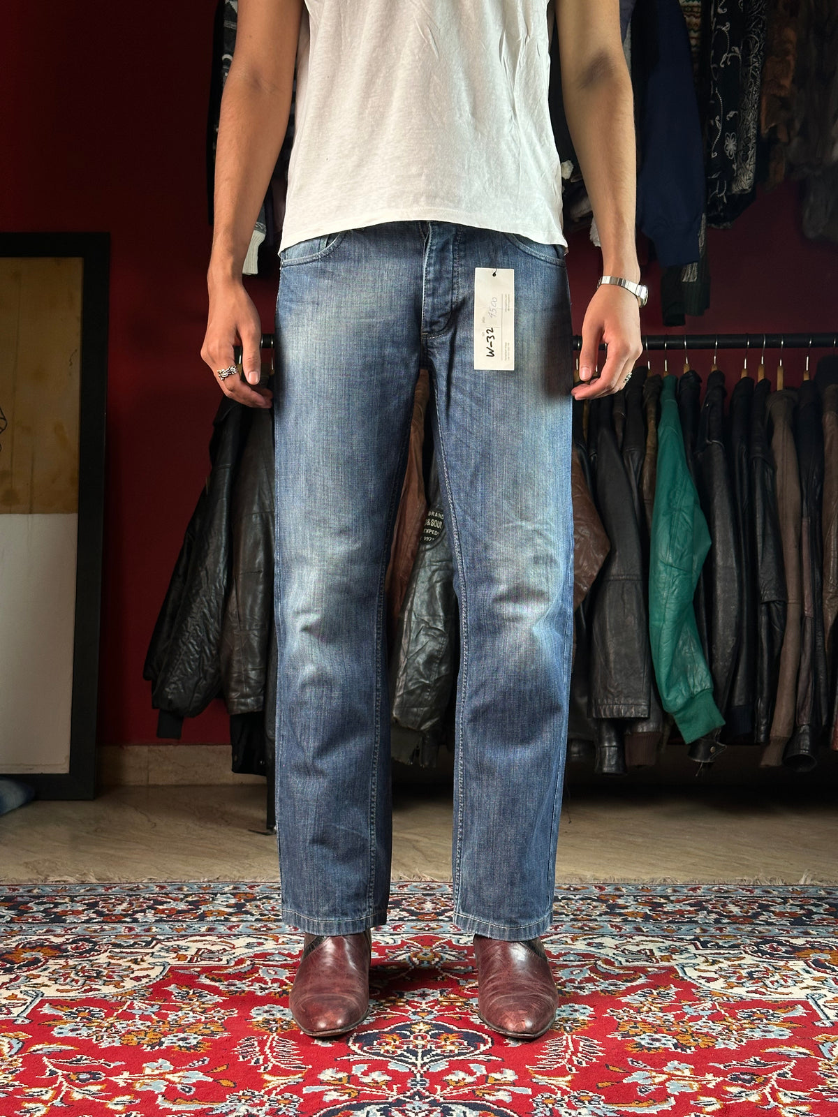 VINTAGE DENIM CO WASHED STRAIGHT FIT DARK BLUE JEANS - 32