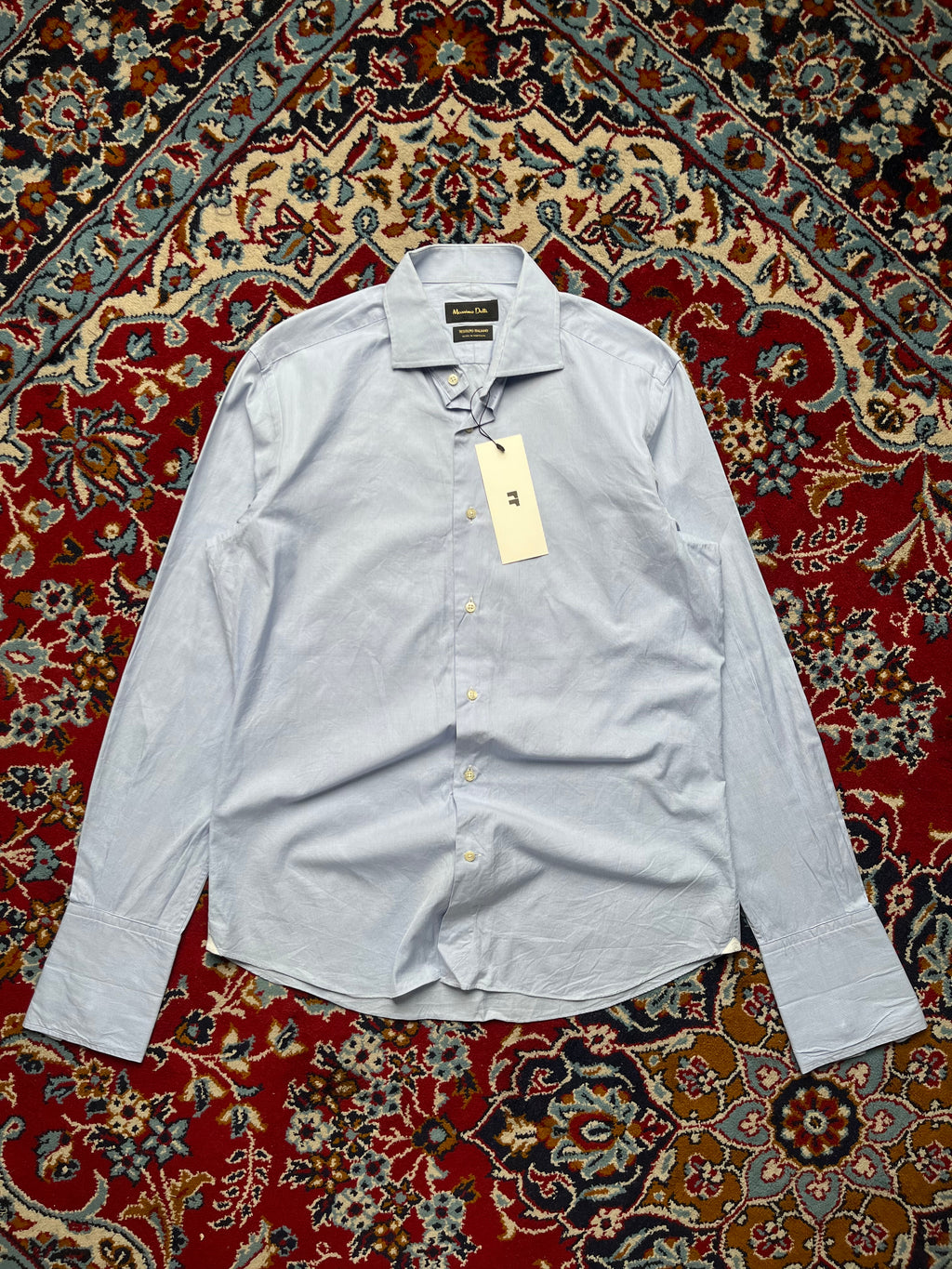 MASSIMO DUTTI TESSUTO ITALIANO LIGHT BLUE MICRO CHECK BUTTON DOWN SHIRT - L