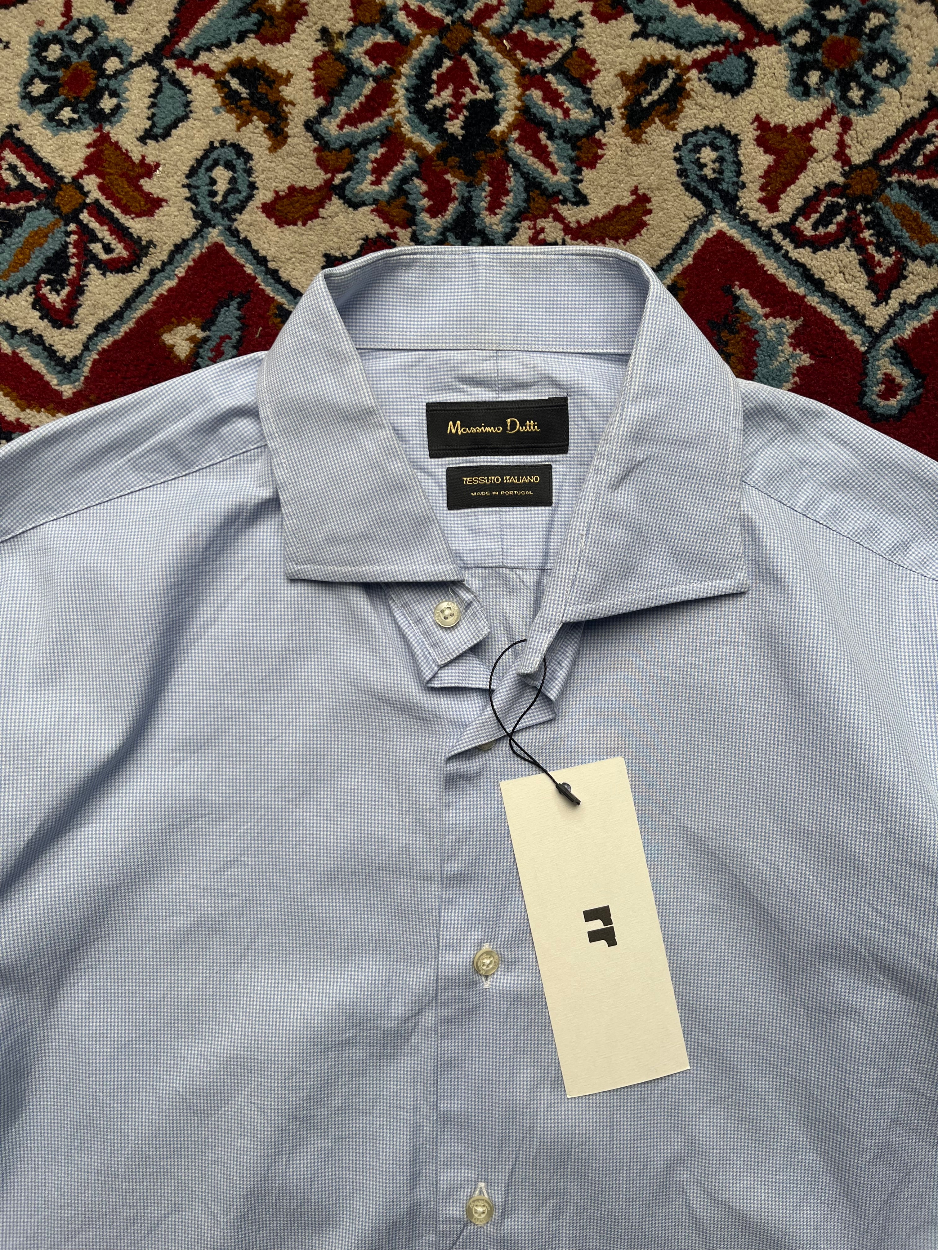 MASSIMO DUTTI TESSUTO ITALIANO LIGHT BLUE MICRO CHECK BUTTON DOWN SHIRT - L