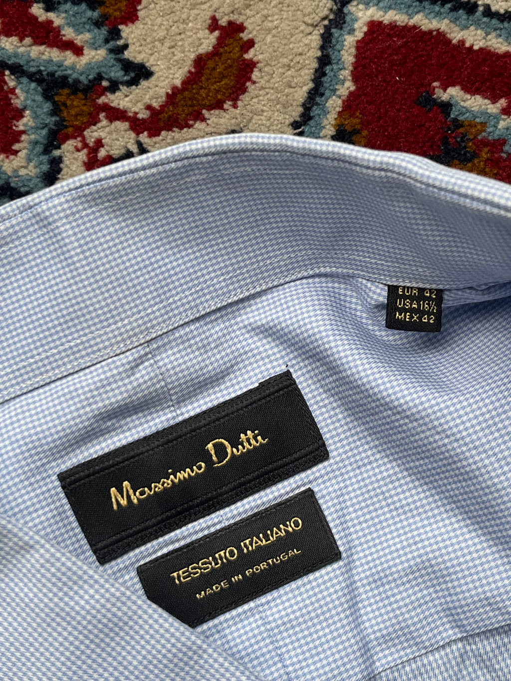 MASSIMO DUTTI TESSUTO ITALIANO LIGHT BLUE MICRO CHECK BUTTON DOWN SHIRT - L