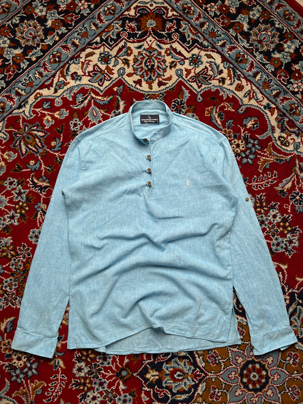 MARINER GLAMSKY Light Blue Linen Grandad Band Collar Henley Shirt -  L