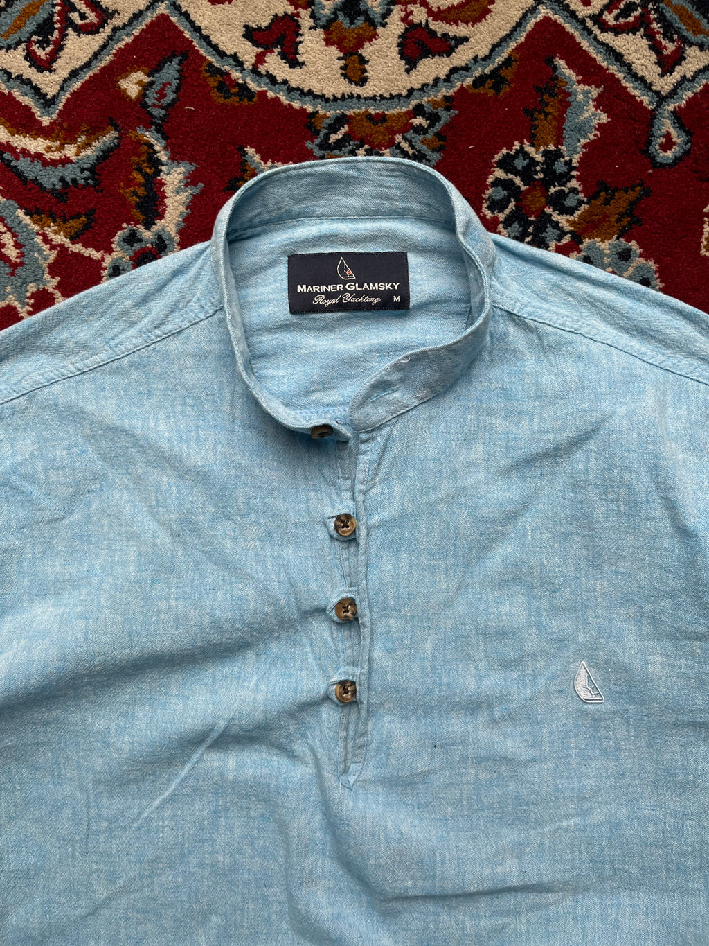 MARINER GLAMSKY Light Blue Linen Grandad Band Collar Henley Shirt -  L