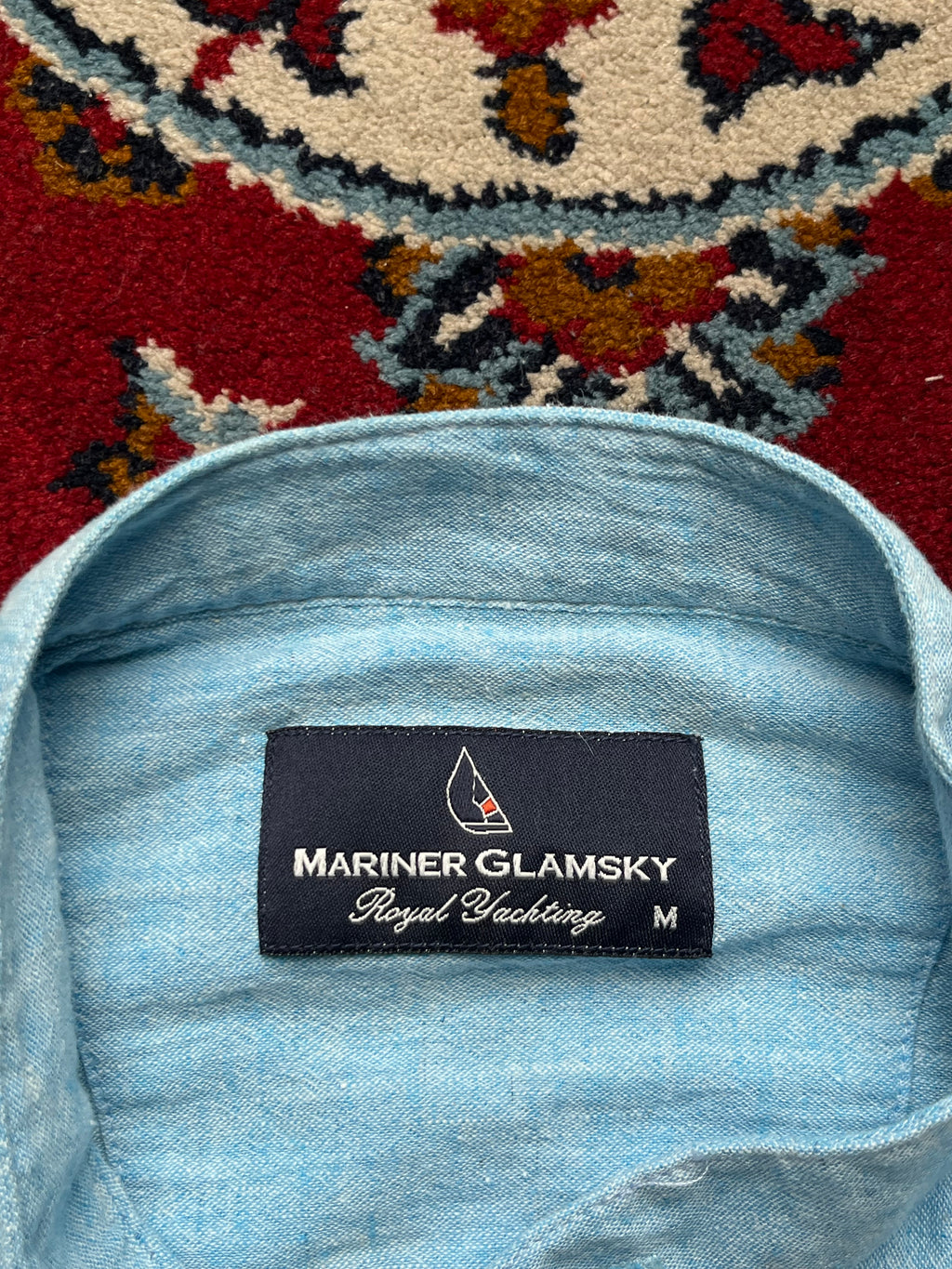 MARINER GLAMSKY Light Blue Linen Grandad Band Collar Henley Shirt -  L