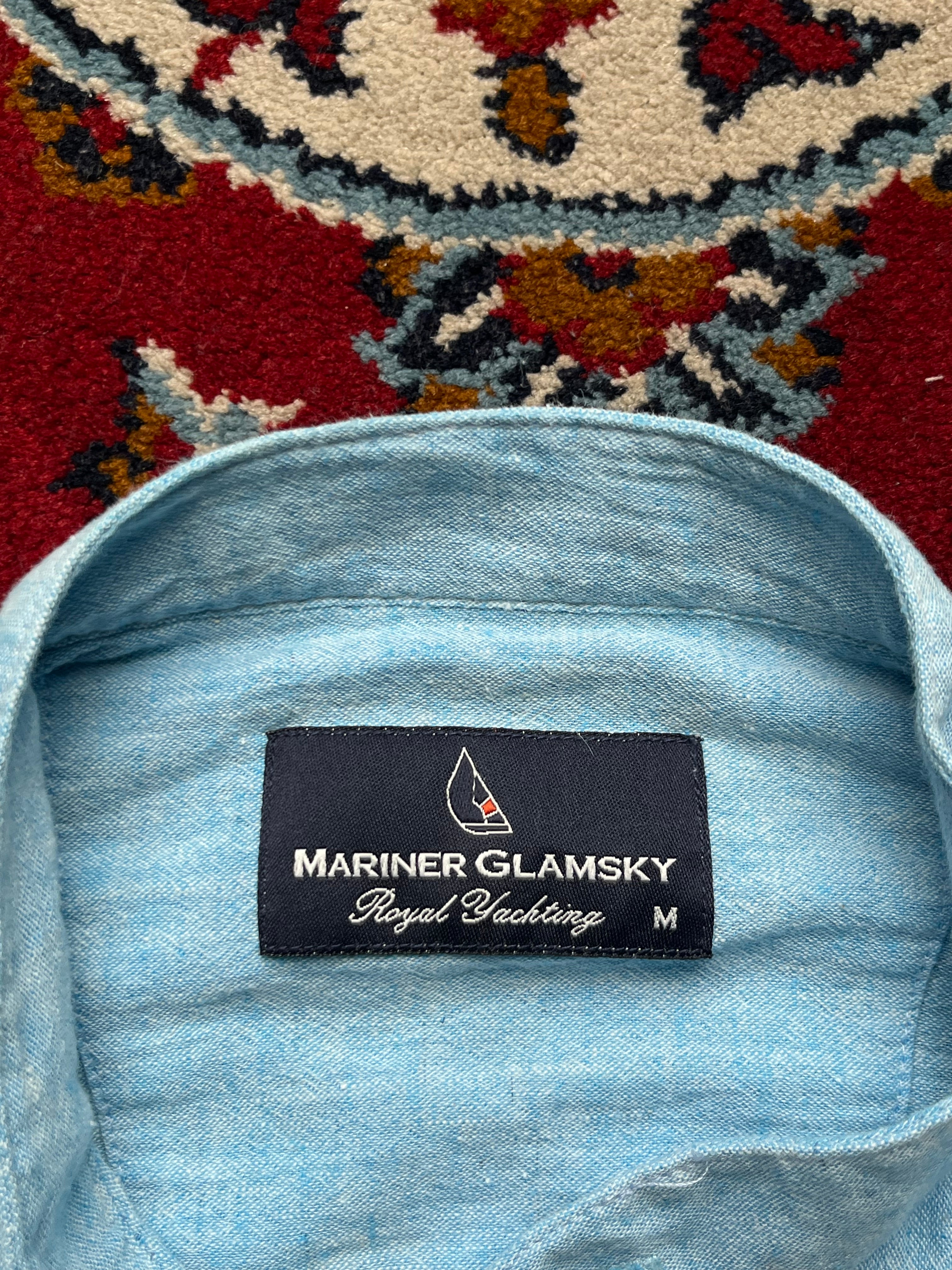 MARINER GLAMSKY Light Blue Linen Grandad Band Collar Henley Shirt -  L