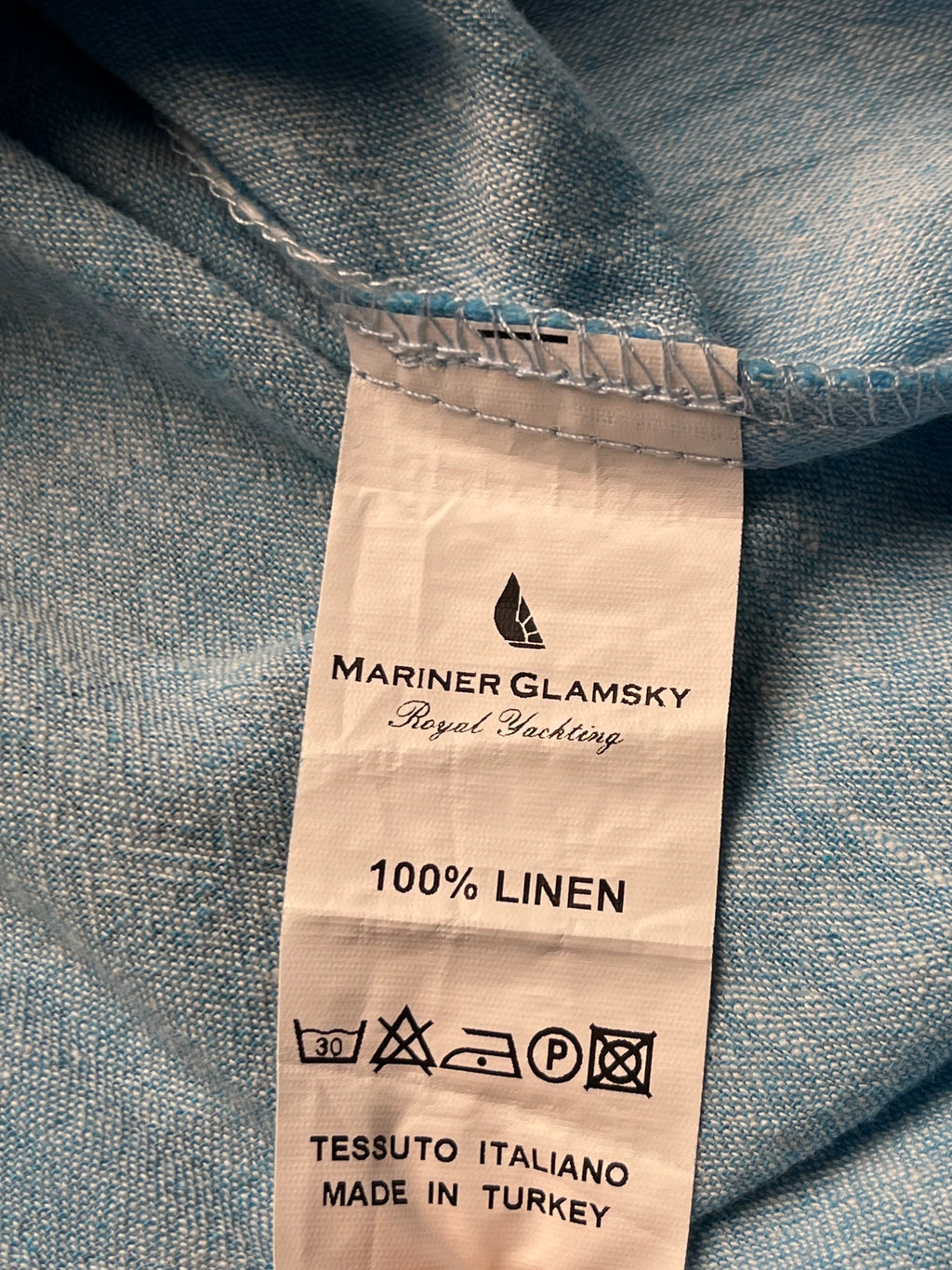 MARINER GLAMSKY Light Blue Linen Grandad Band Collar Henley Shirt -  L